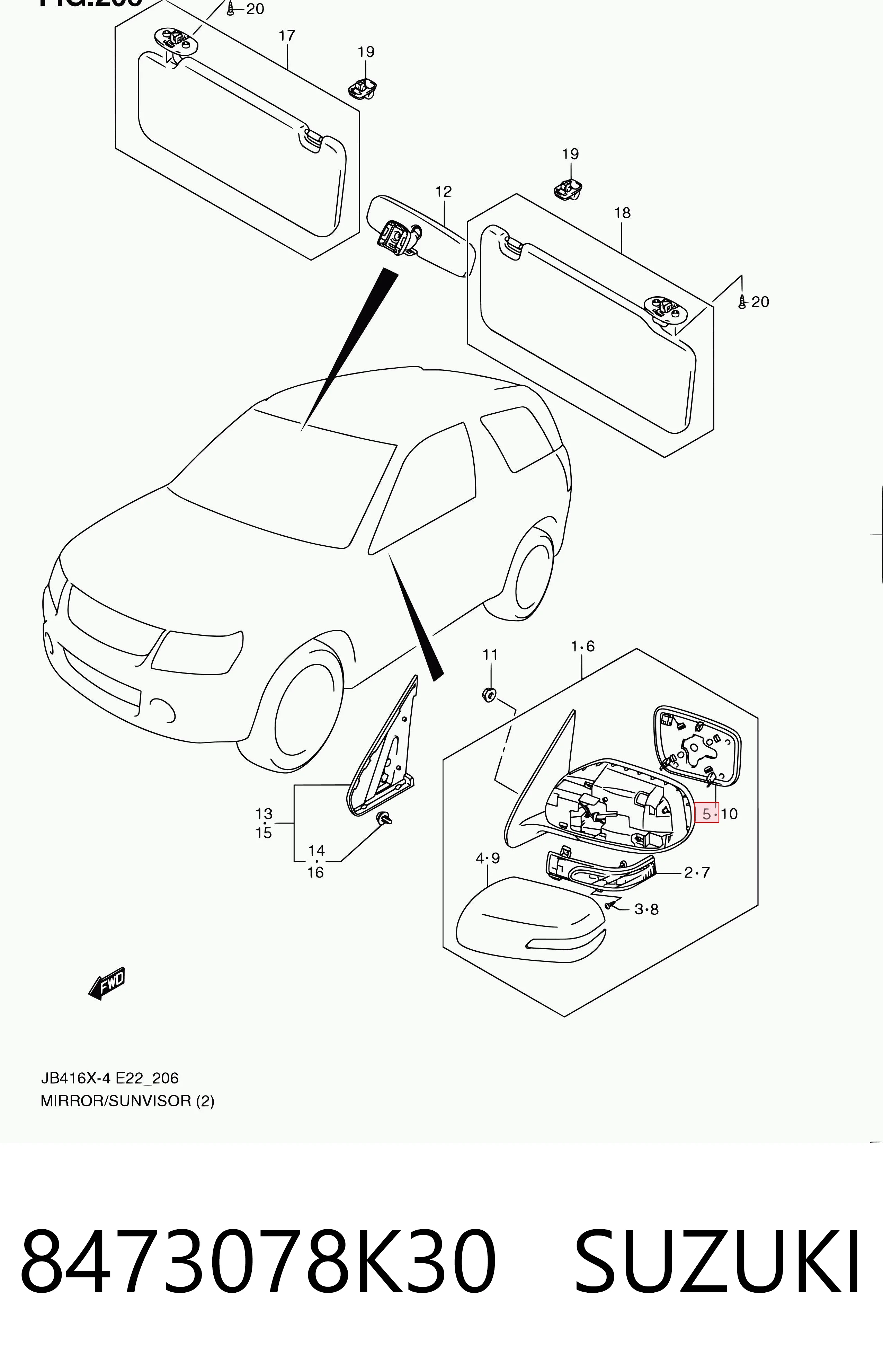 8473078K30 Suzuki Зеркальный элемент правого зеркала заднего вида