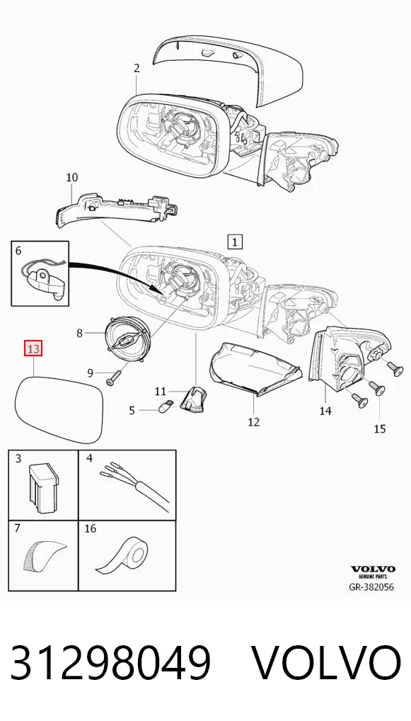31298049 Volvo Зеркальный элемент левого зеркала заднего вида