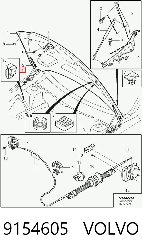 9154605 Volvo Стойка капота
