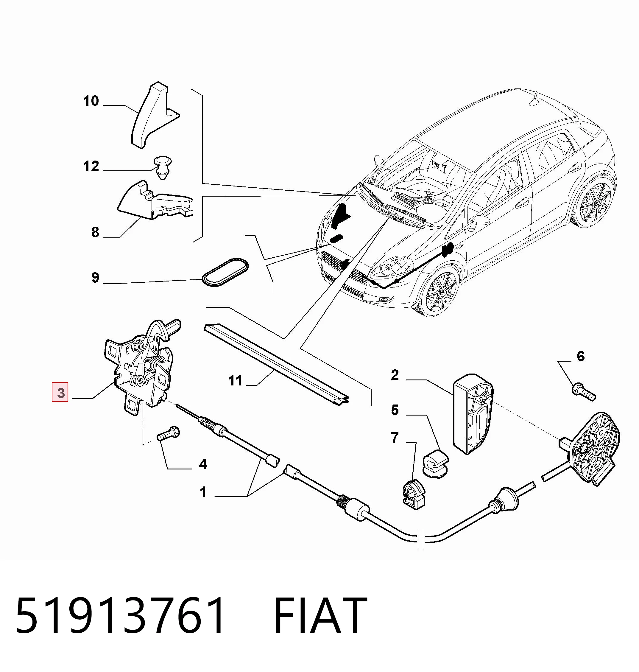 Запор капота (замок и привод замка капота) на Fiat Punto GRAND 199