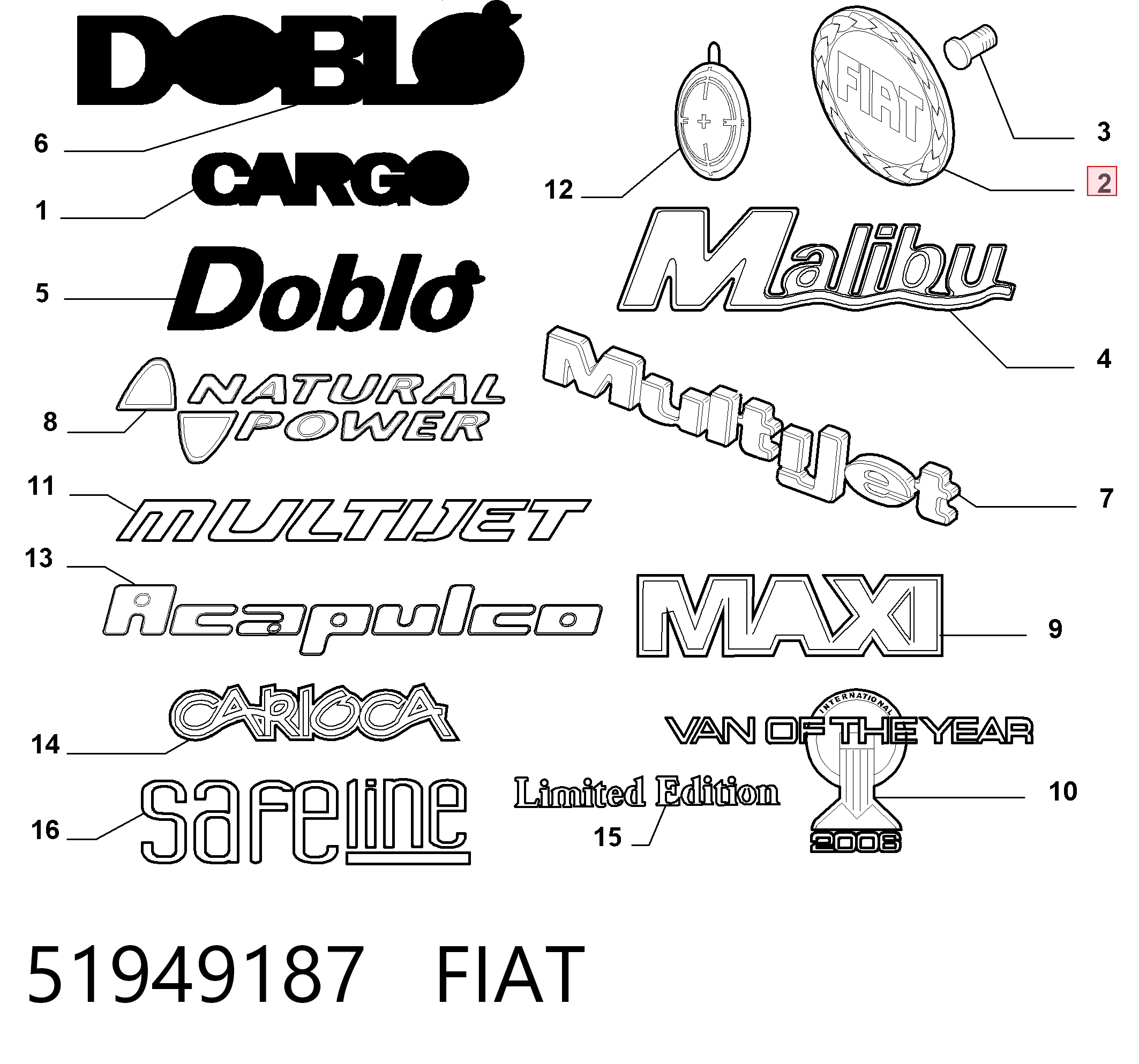 Фирменный значек на багажник на Fiat Doblo II 263