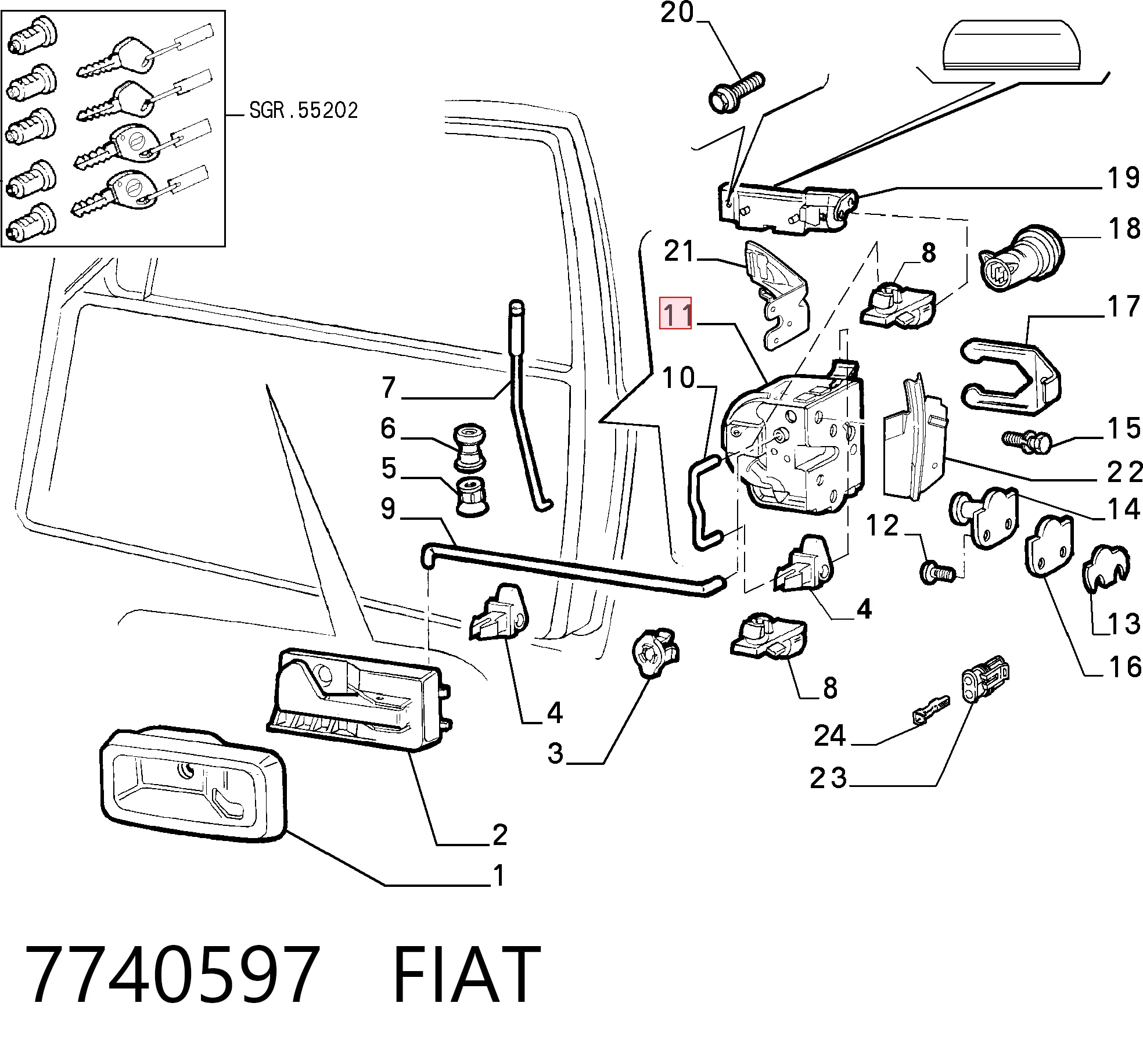 Внутренний дверной замок на Fiat Punto I 176