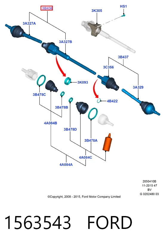9V4N3B436DA Ford Полуось передняя, правая