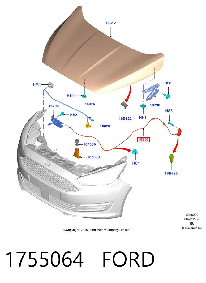 1755064 Ford Трос открытия капота