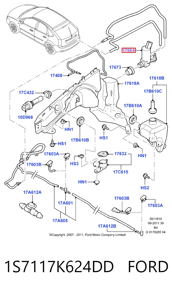 1S7117K624DD Ford Мотор омывателя лобового стекла