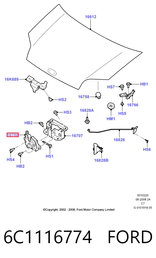 6C1116774 Ford Запор капота (замок и привод замка капота)