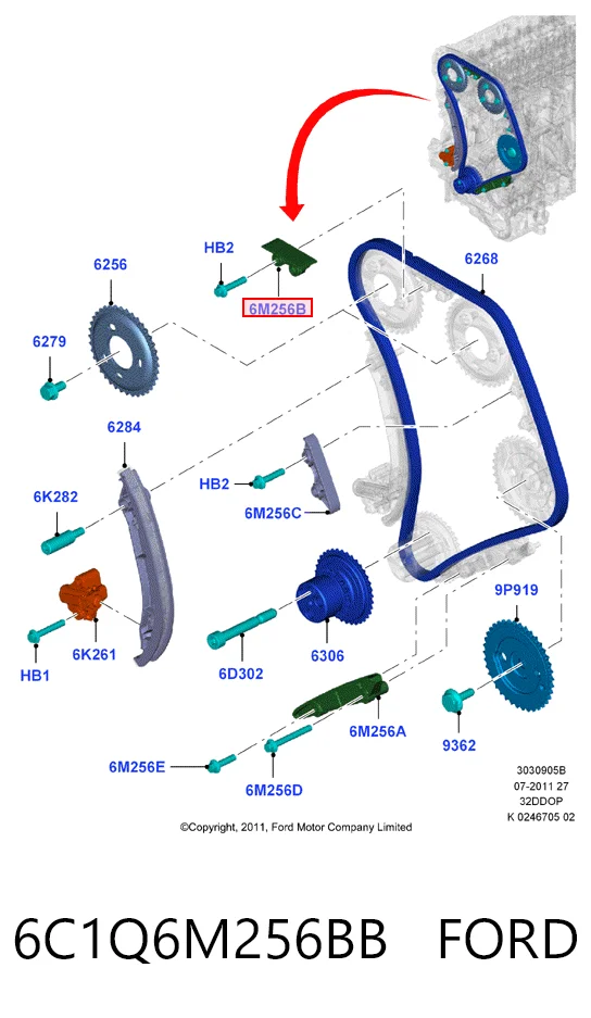 6C1Q6M256BB Ford Успокоитель цепи ГРМ, верхний