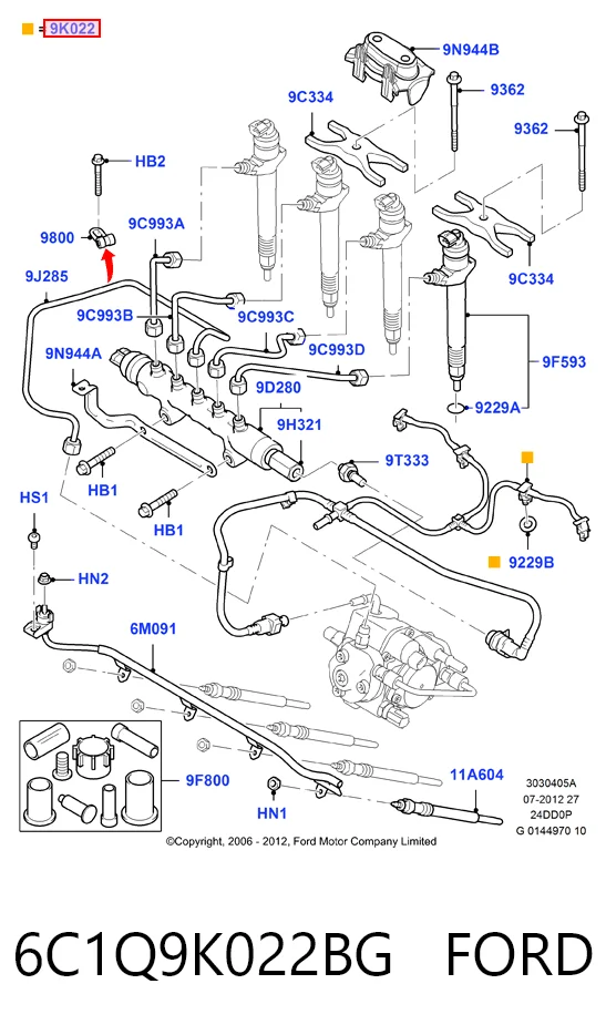 6C1Q9K022BG Ford Трубка топливная обратная от форсунок