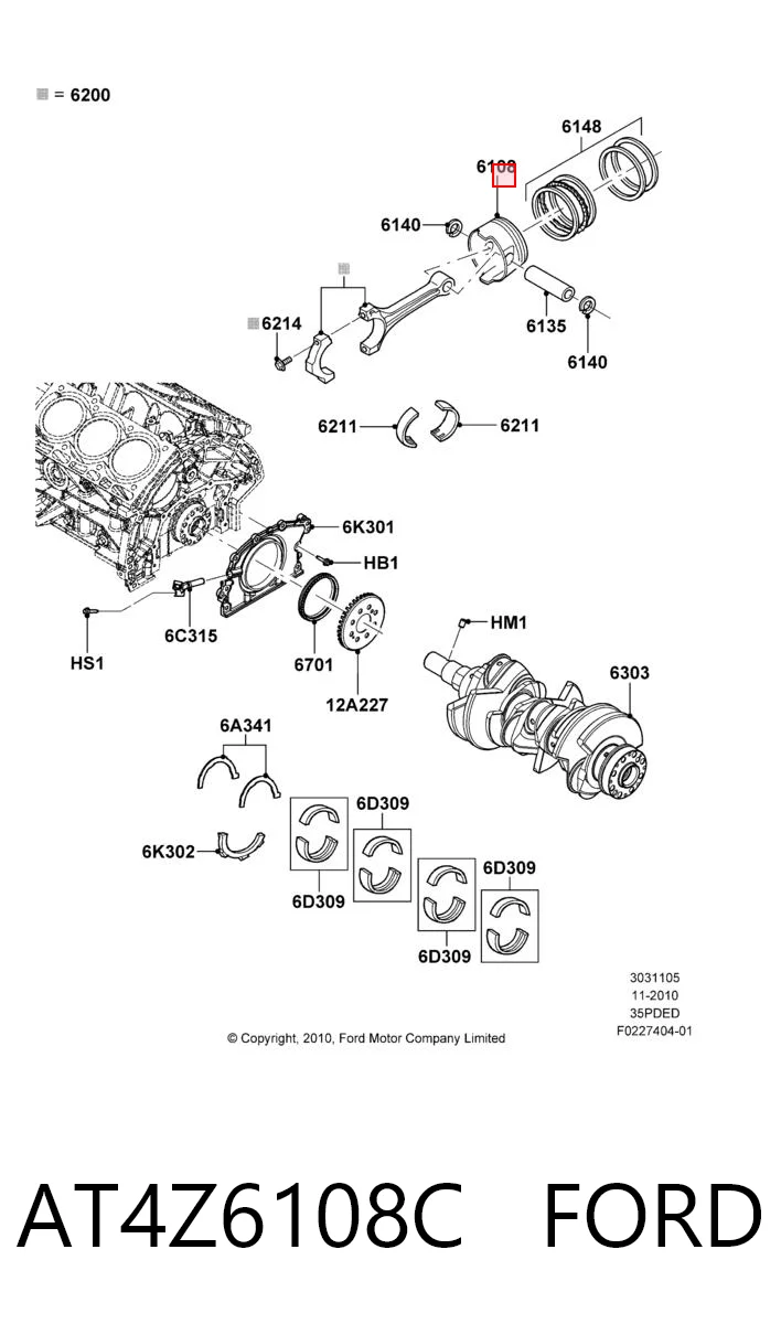 AT4Z6108C Ford Поршень двигателя без колец