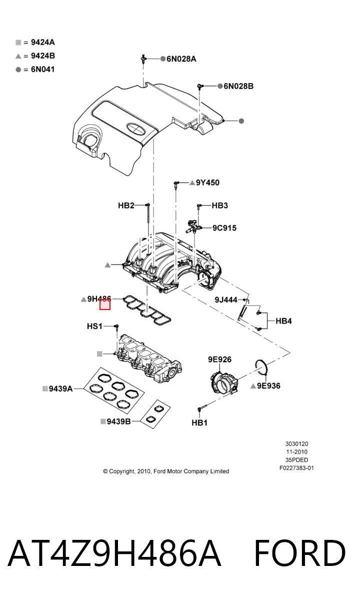 AT4Z9H486A Ford Прокладка впускного коллектора, верхняя