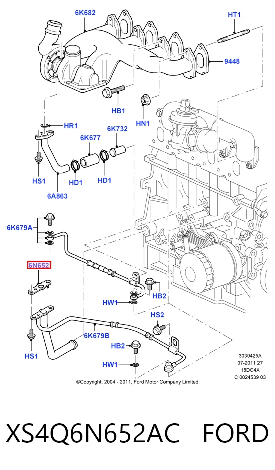 XS4Q6N652AC Ford Прокладка шланга подачи масла к турбине
