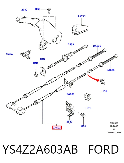 YS4Z2A603AB Ford Трос ручного тормоза задний правый/левый