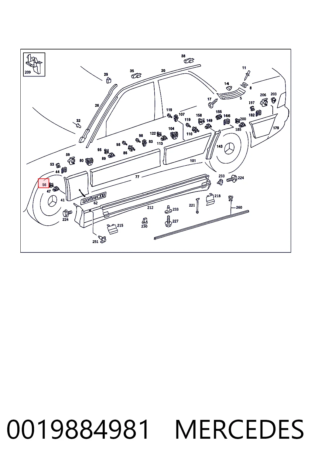 0019884981 Mercedes Пистон (клип) крепления молдинга двери