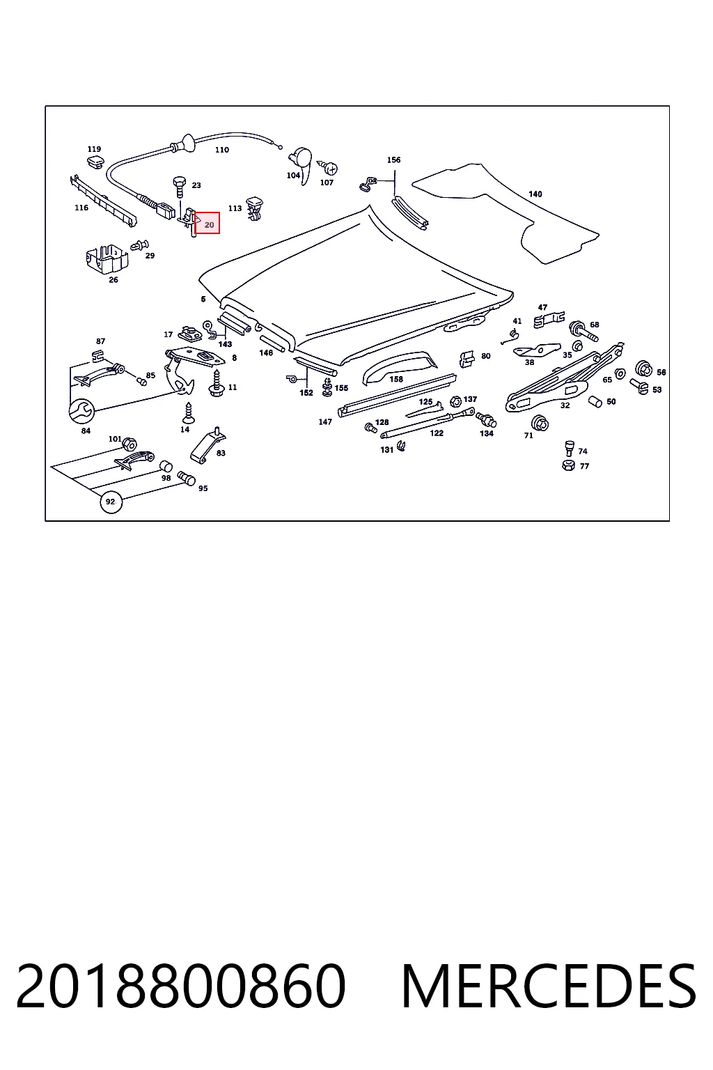 Запор капота (замок и привод замка капота) на Mercedes C 190 W201