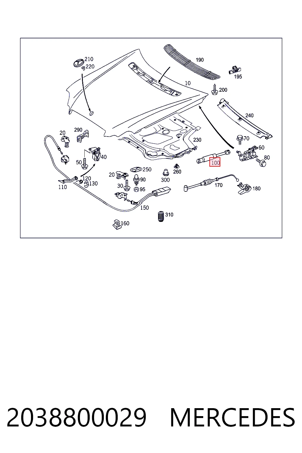 2038800029 Mercedes Стойка капота правая