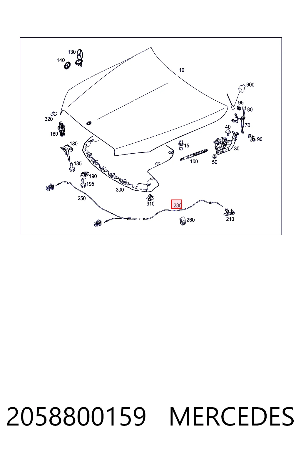 2058800159 Mercedes Трос открывания капота задний