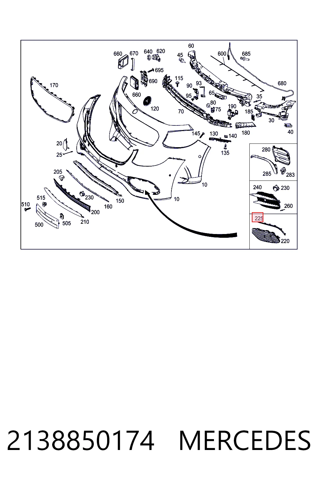 2138850174 Mercedes Молдинг решетки переднего бампера, левый