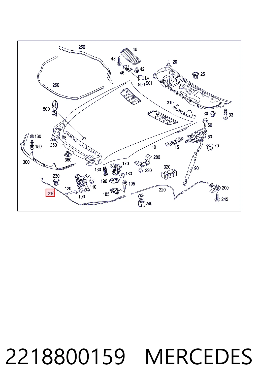 2218800159 Mercedes Трос открывания капота передний