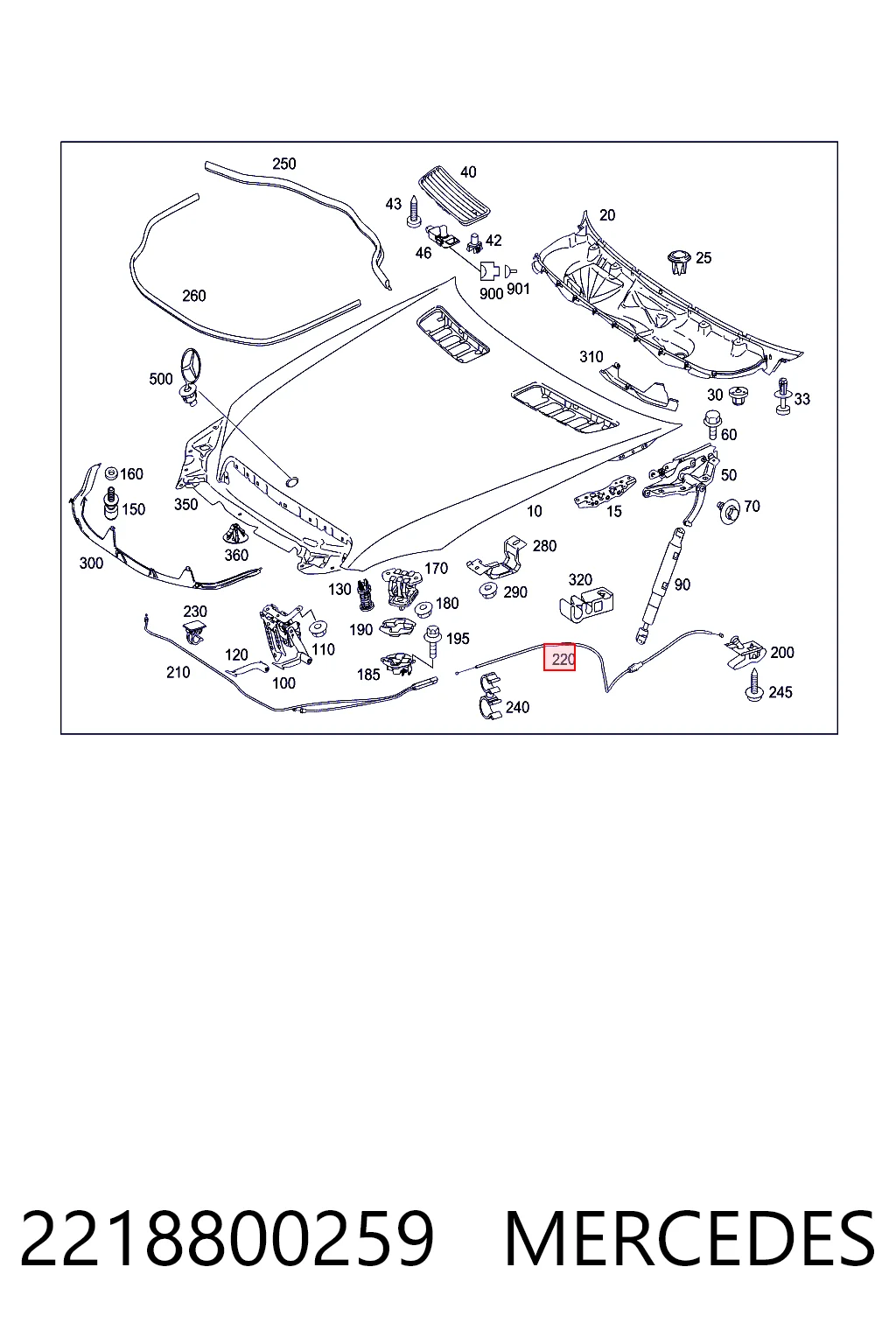 2218800259 Mercedes Трос открывания капота задний