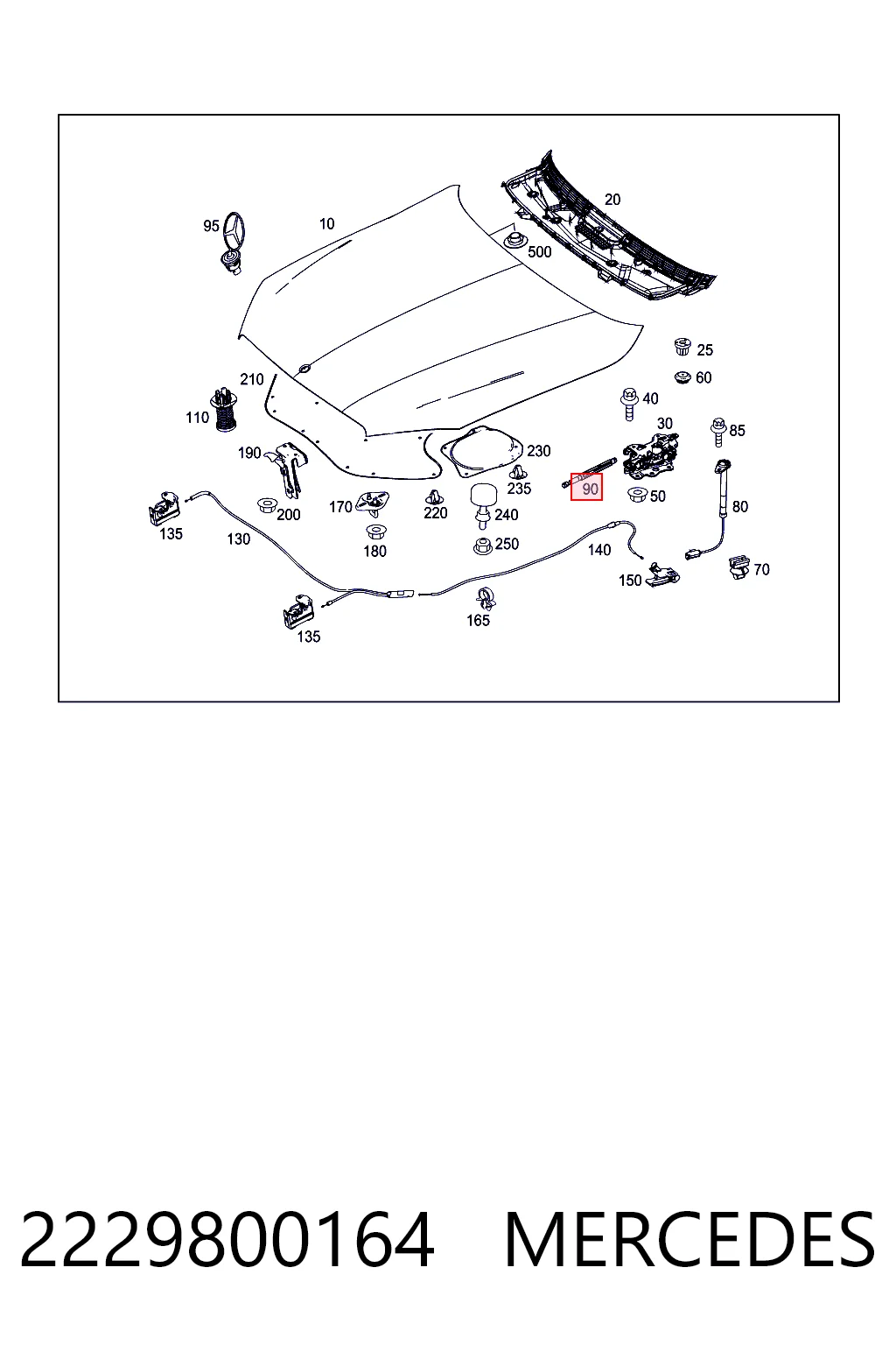 2229800164 Mercedes Стойка капота правая
