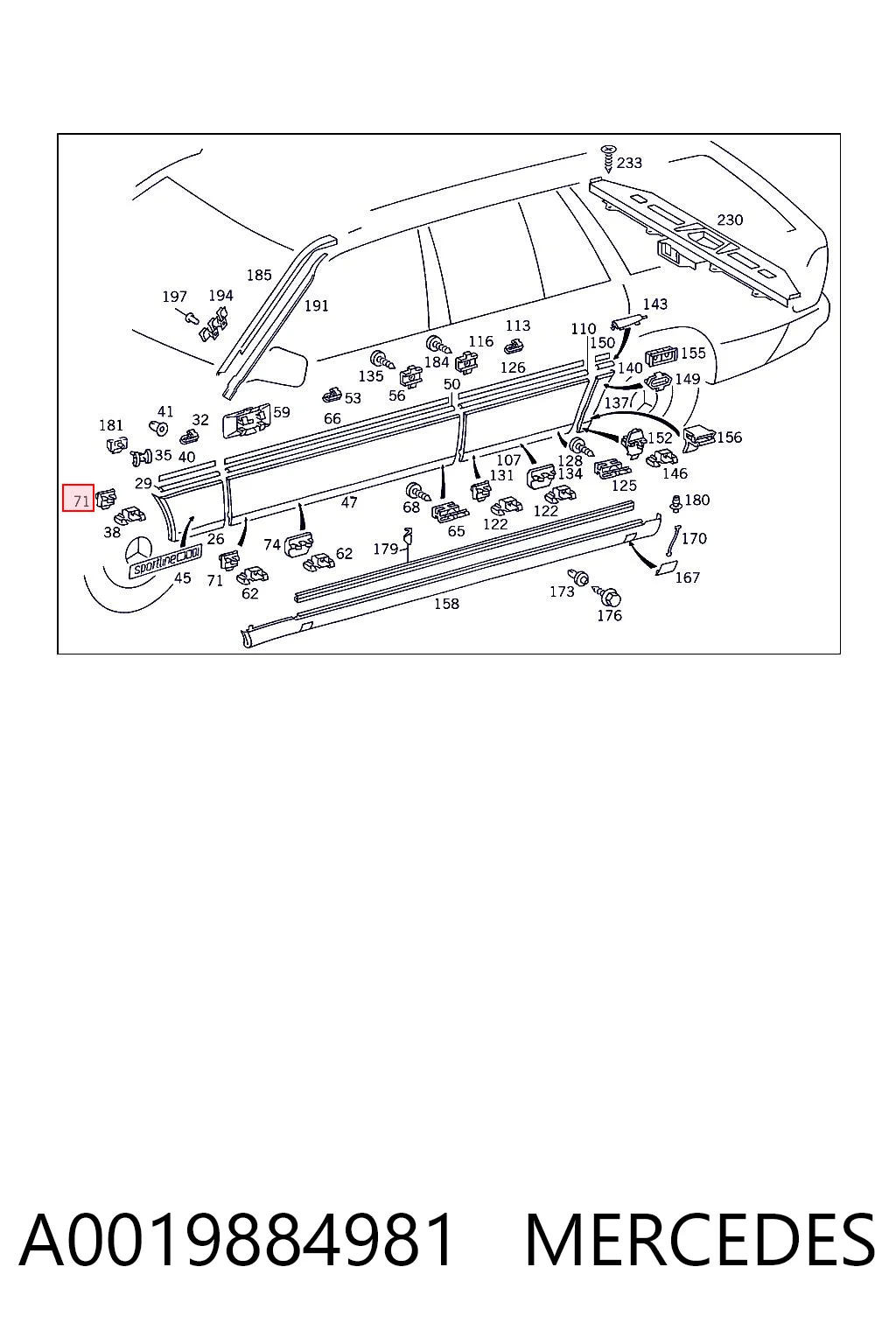 A0019884981 Mercedes Пистон (клип) крепления молдинга двери