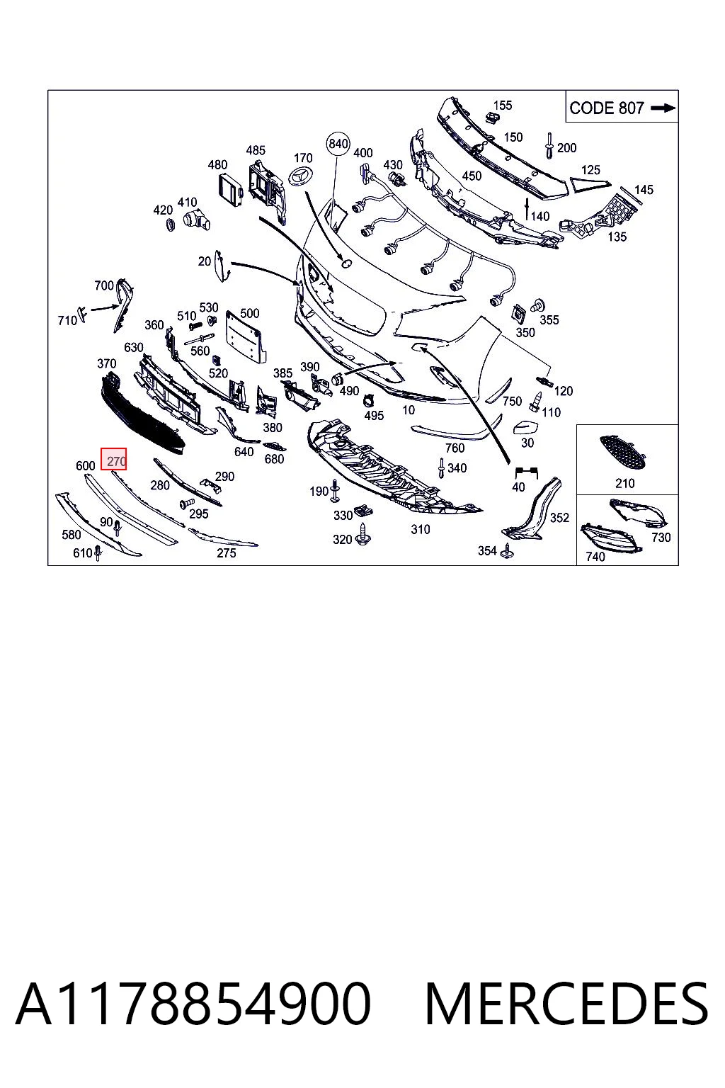 A1178854900 Mercedes Молдинг бампера переднего правый