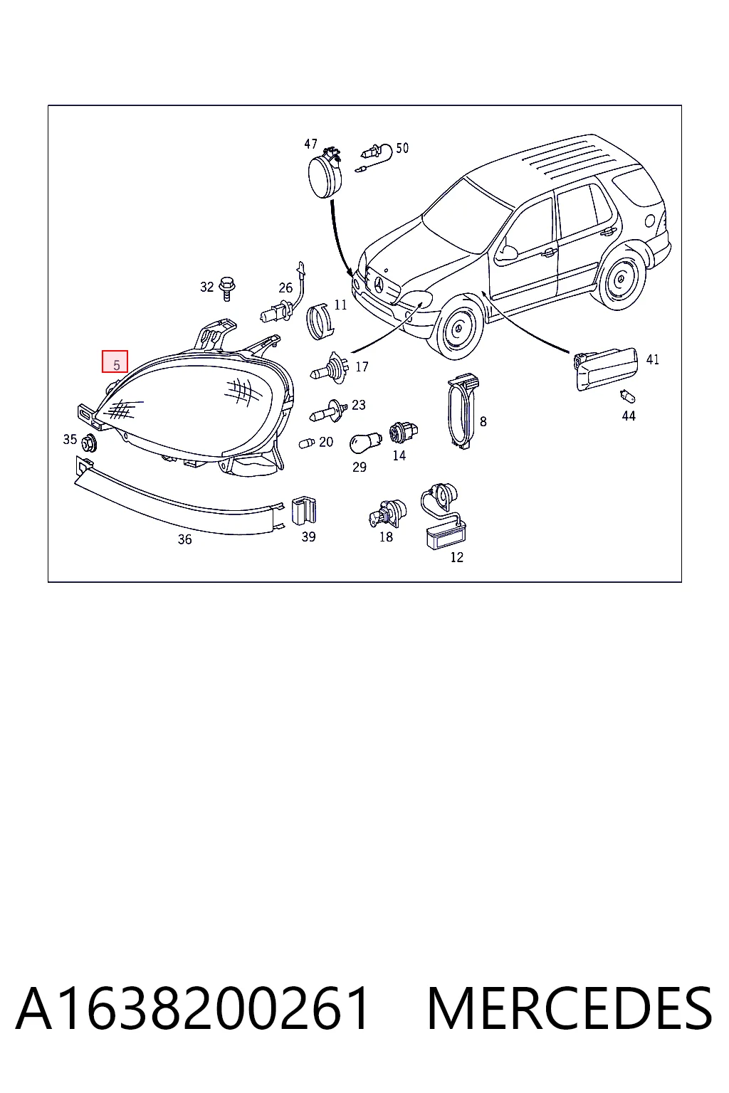 Правая фара 1638200261 Mercedes