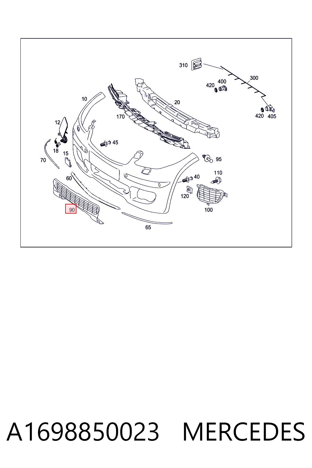 Решетка бампера переднего центральная Mercedes A хэтчбек (W169) (2004 - 2012) цена, от 26.22 USD