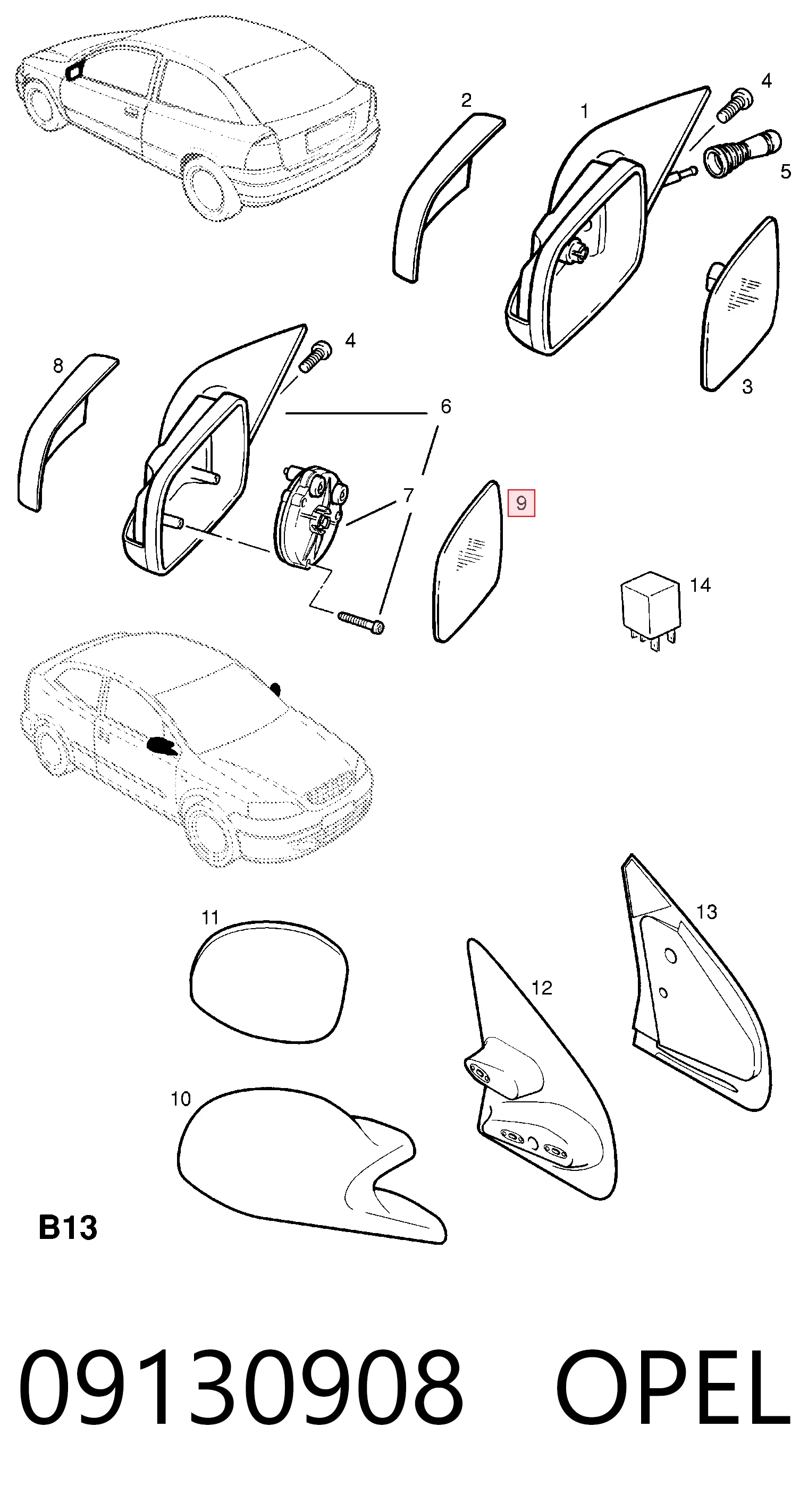 Стекло правого зеркала заднего вида 9130908 General Motors