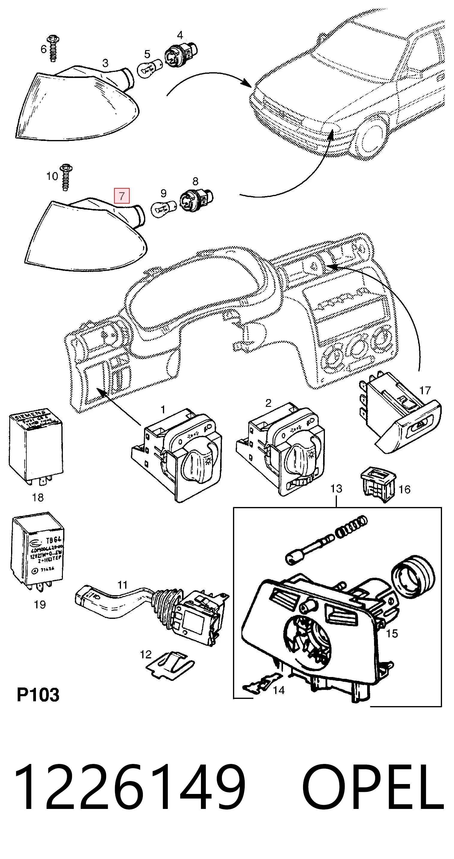 Передний фонарь указателя поворота на Opel Astra F 51, 52, F35, M35