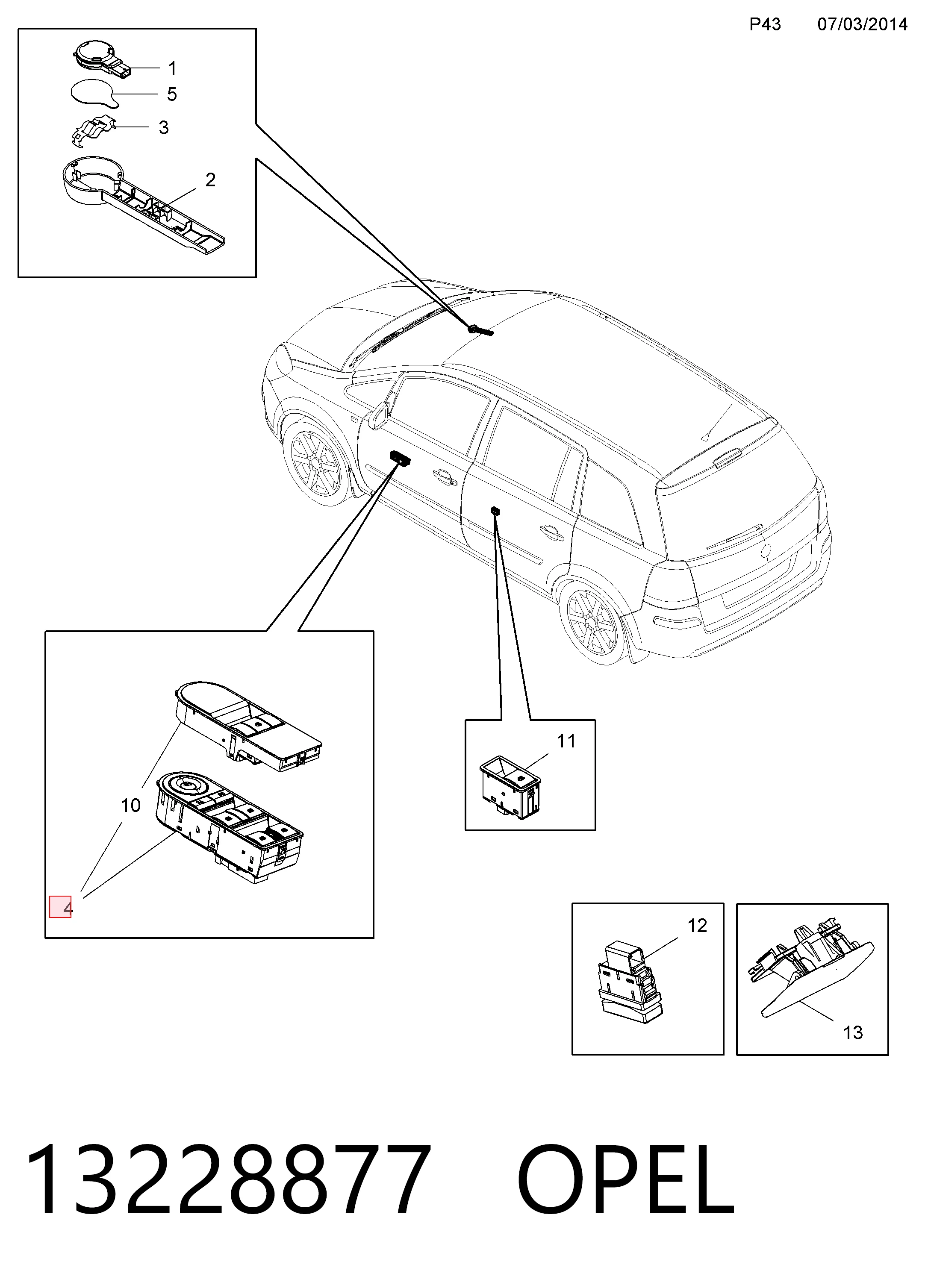 13228877 Opel Кнопки переднего левого стекло подъёмника