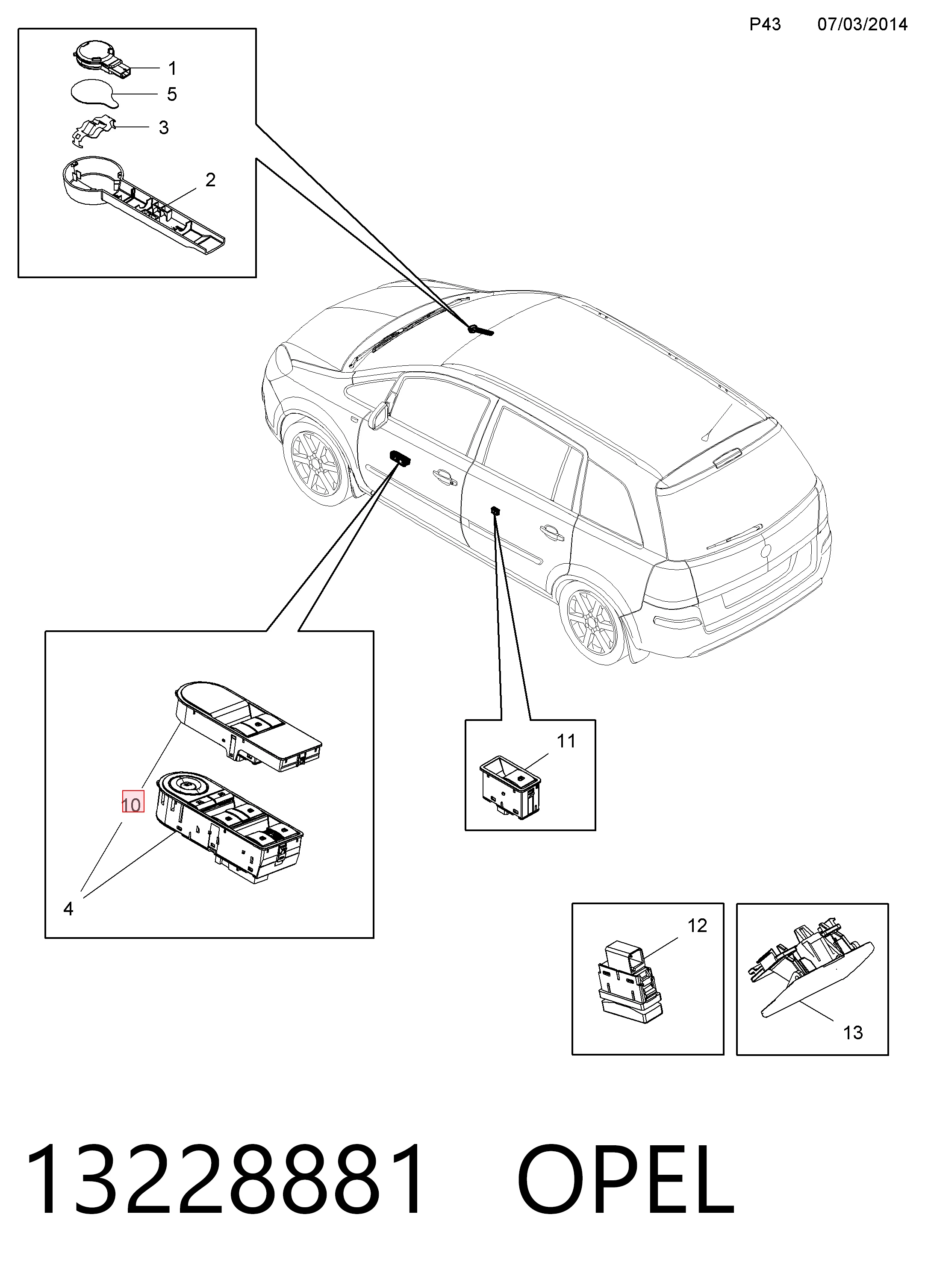 13228881 Opel Кнопки переднего правого стекло подъёмника