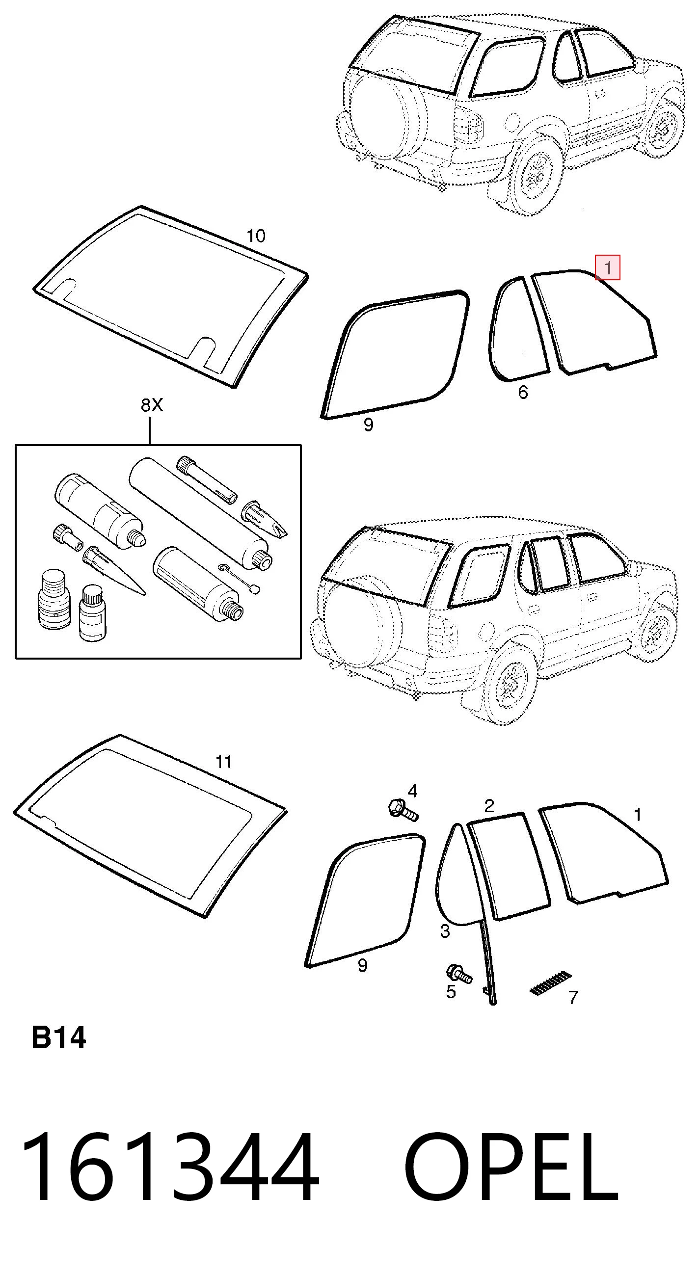 161344 Opel Стекло передней двери, правой