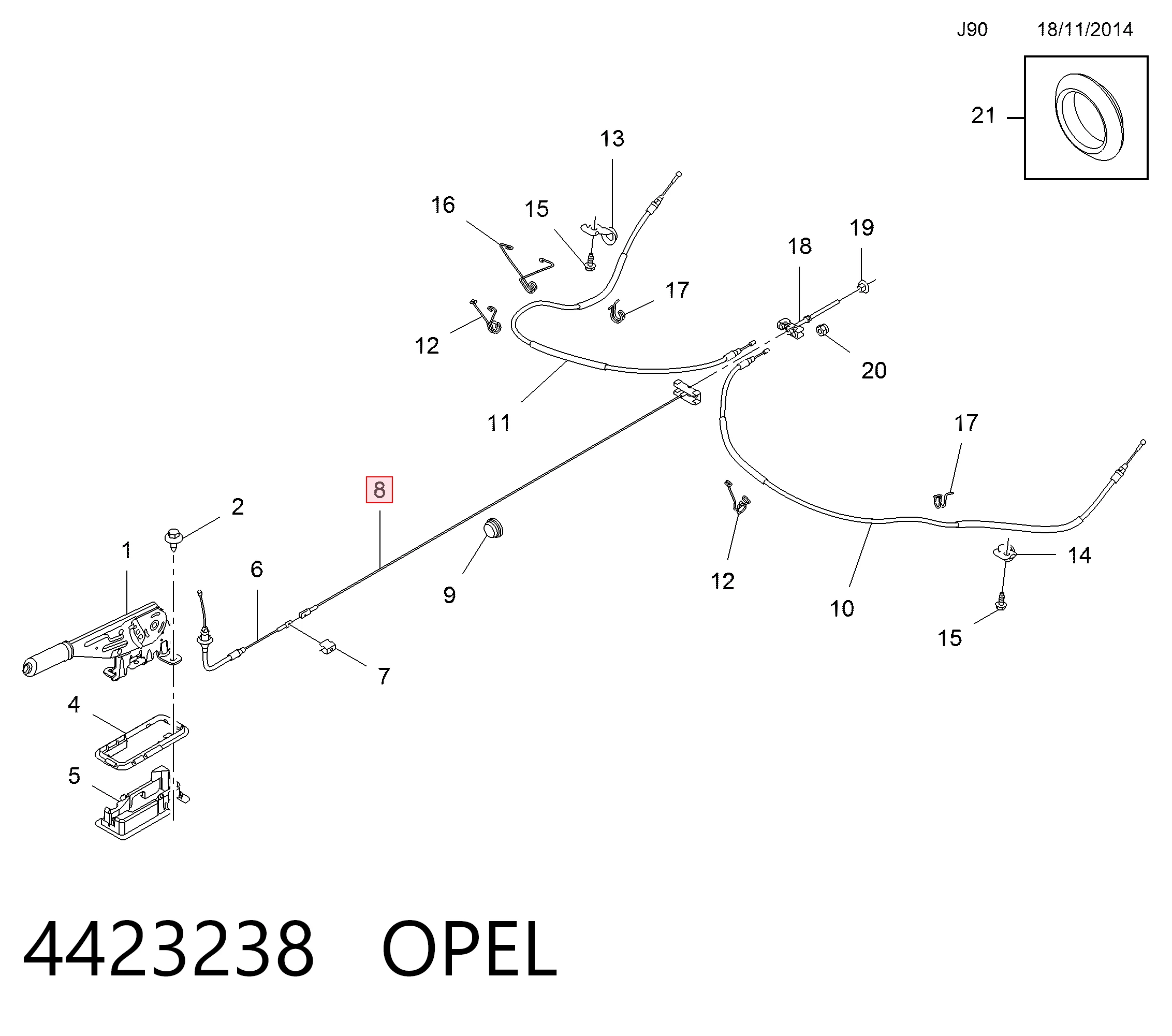 93868404 Opel Трос стояночного тормоза промежуточный