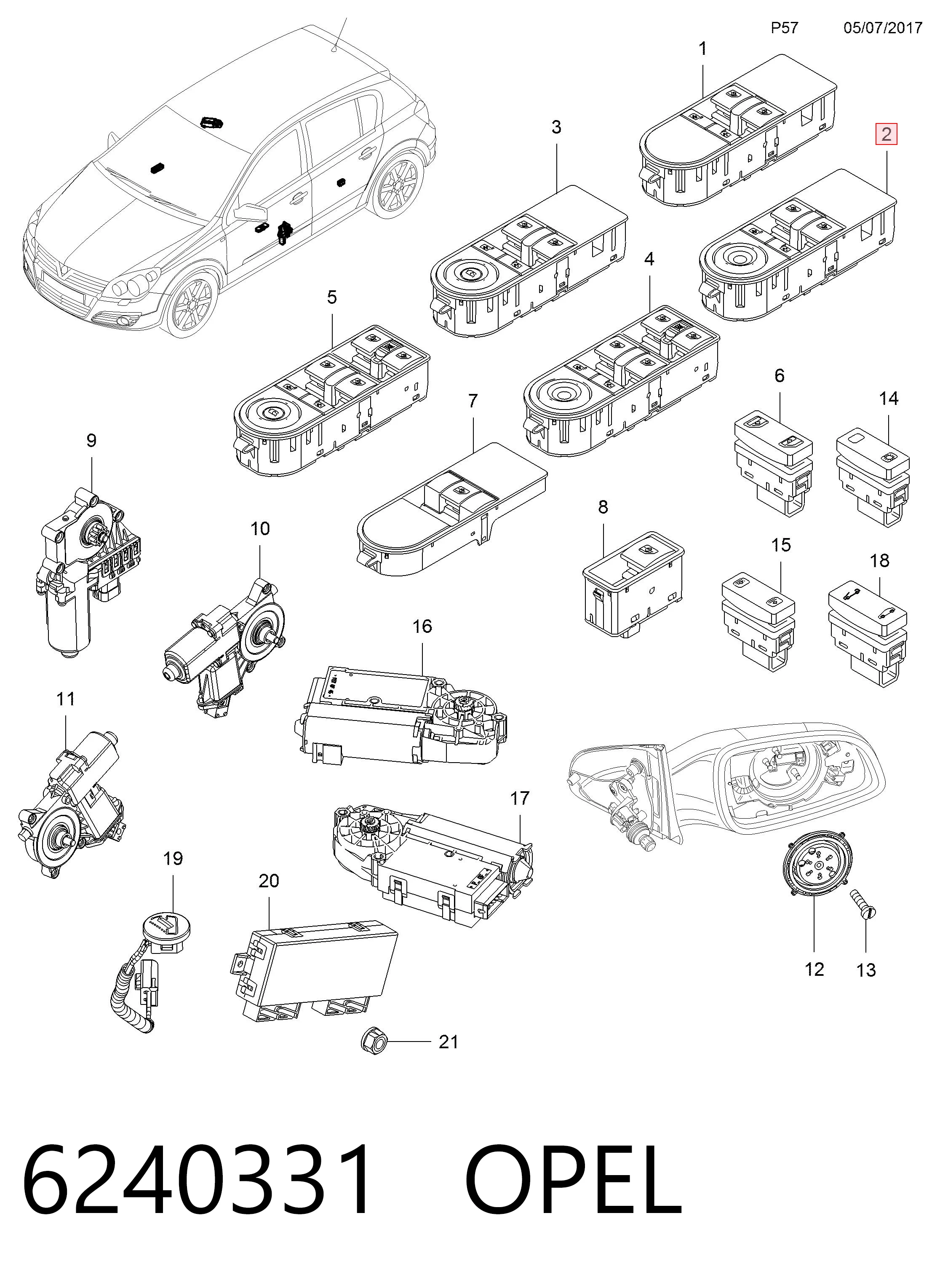 6240331 Opel Кнопки переднего левого стекло подъёмника