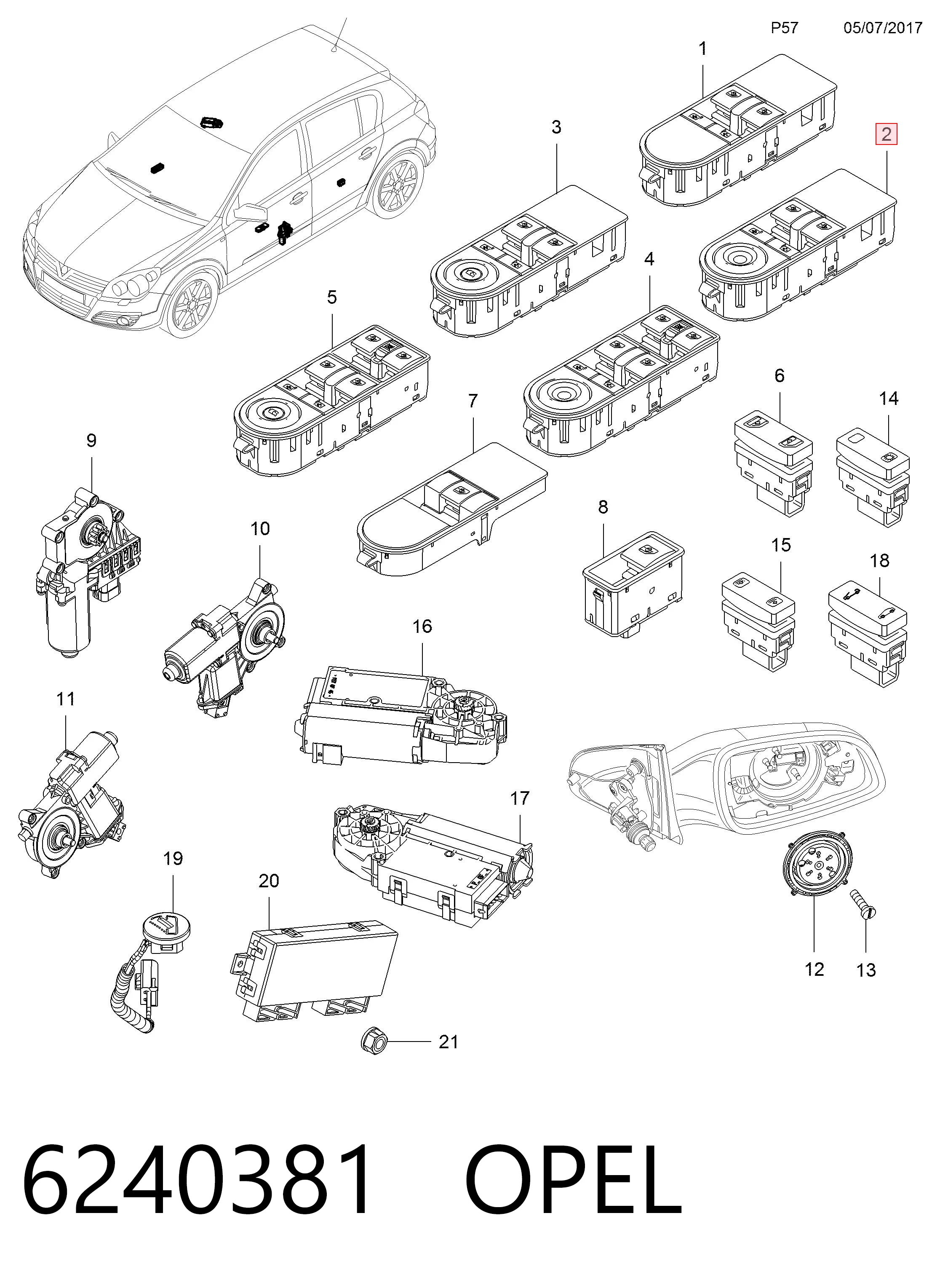 6240381 Opel Кнопки переднего левого стекло подъёмника