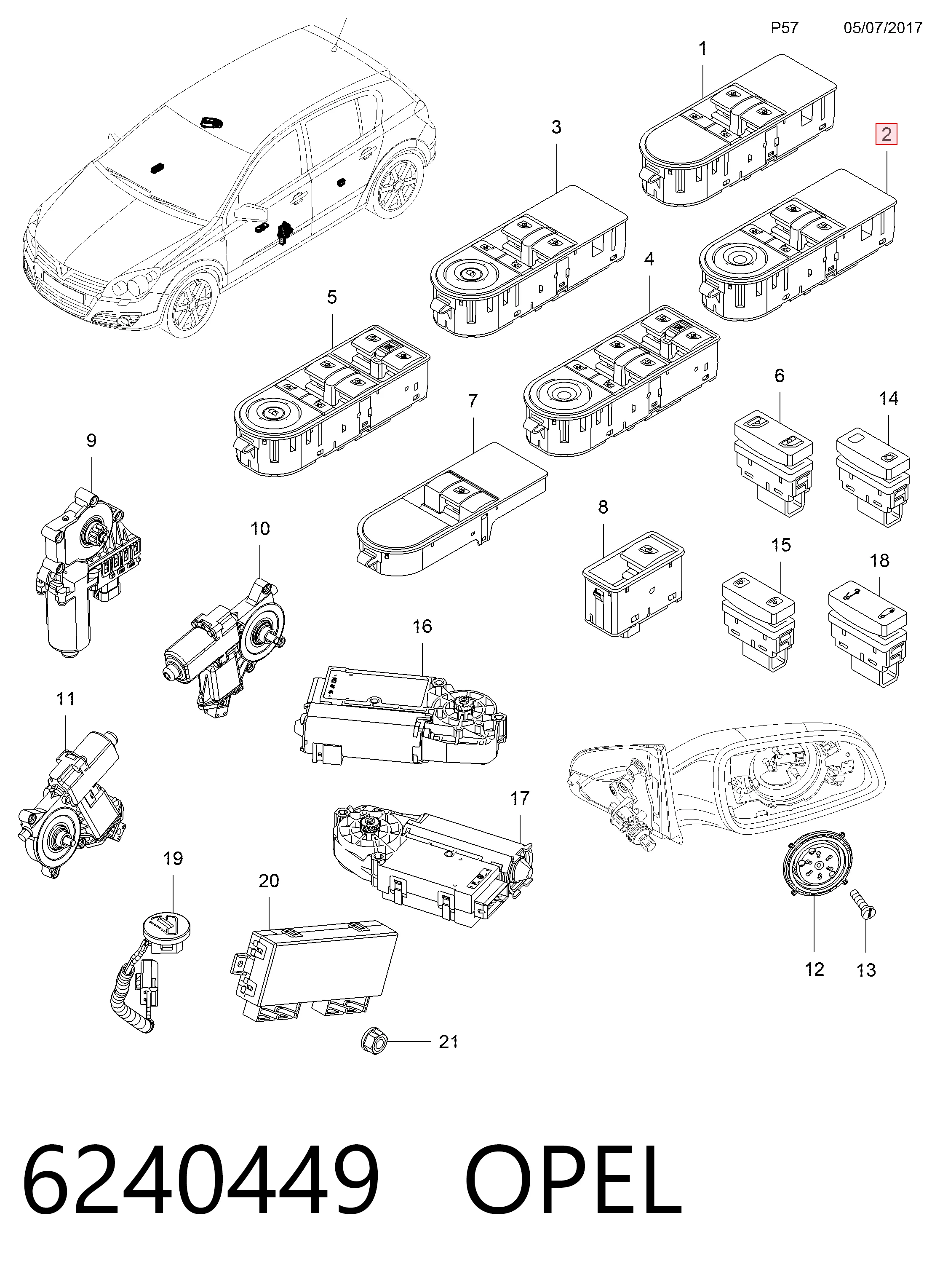 6240449 Opel Кнопки переднего левого стекло подъёмника