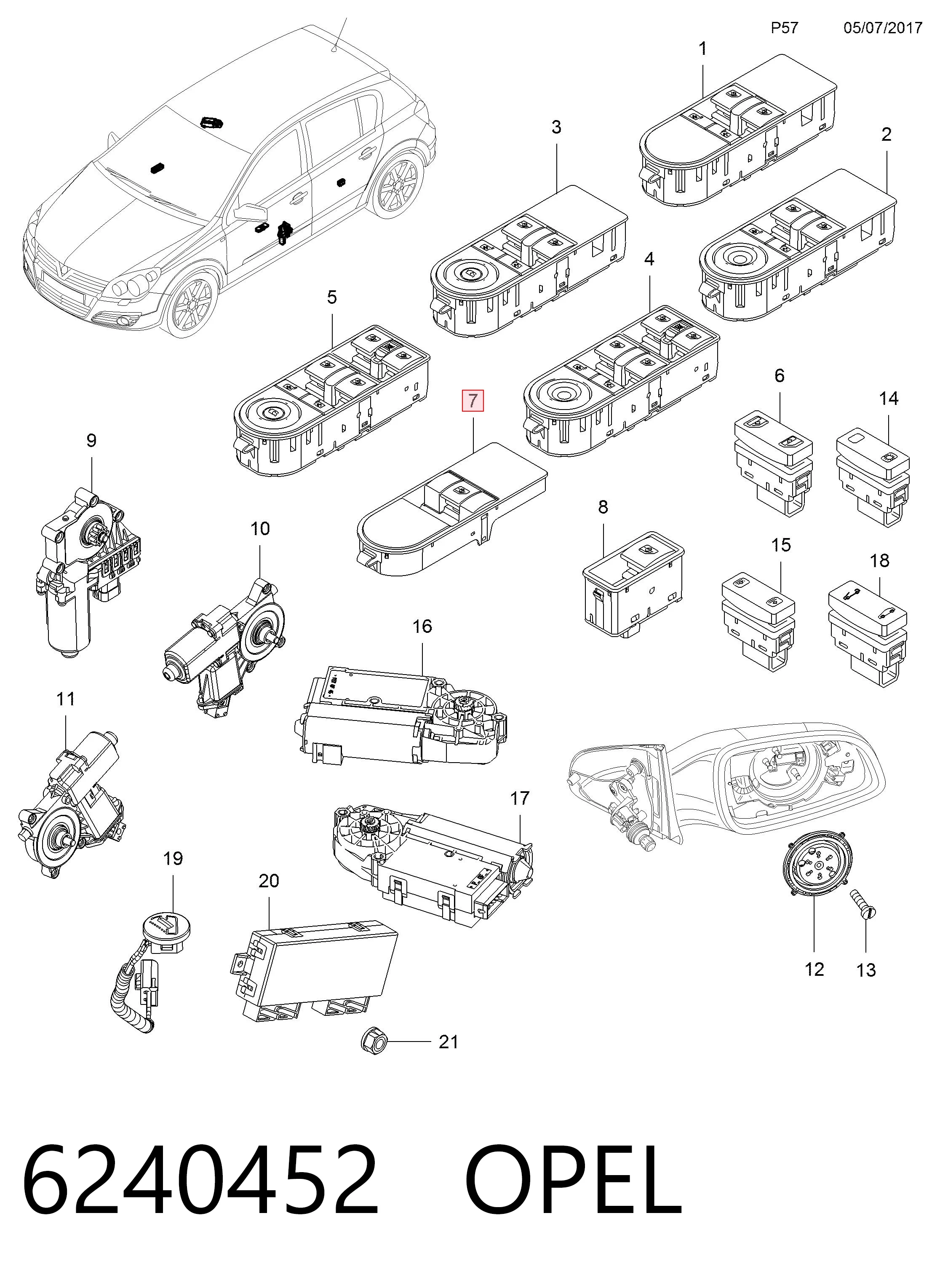 6240452 Opel Кнопки переднего правого стекло подъёмника