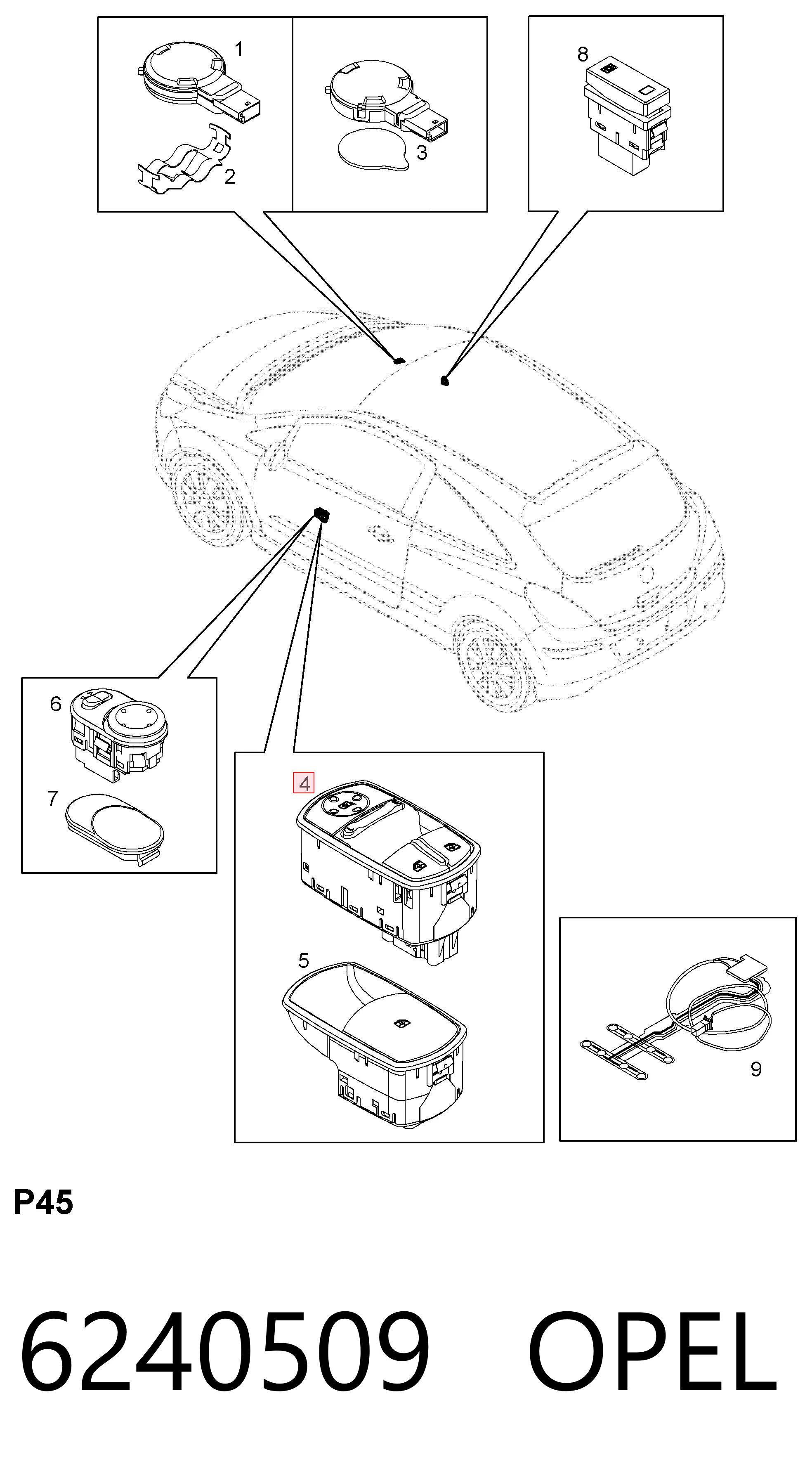 6240509 Opel Кнопки переднего правого стекло подъёмника