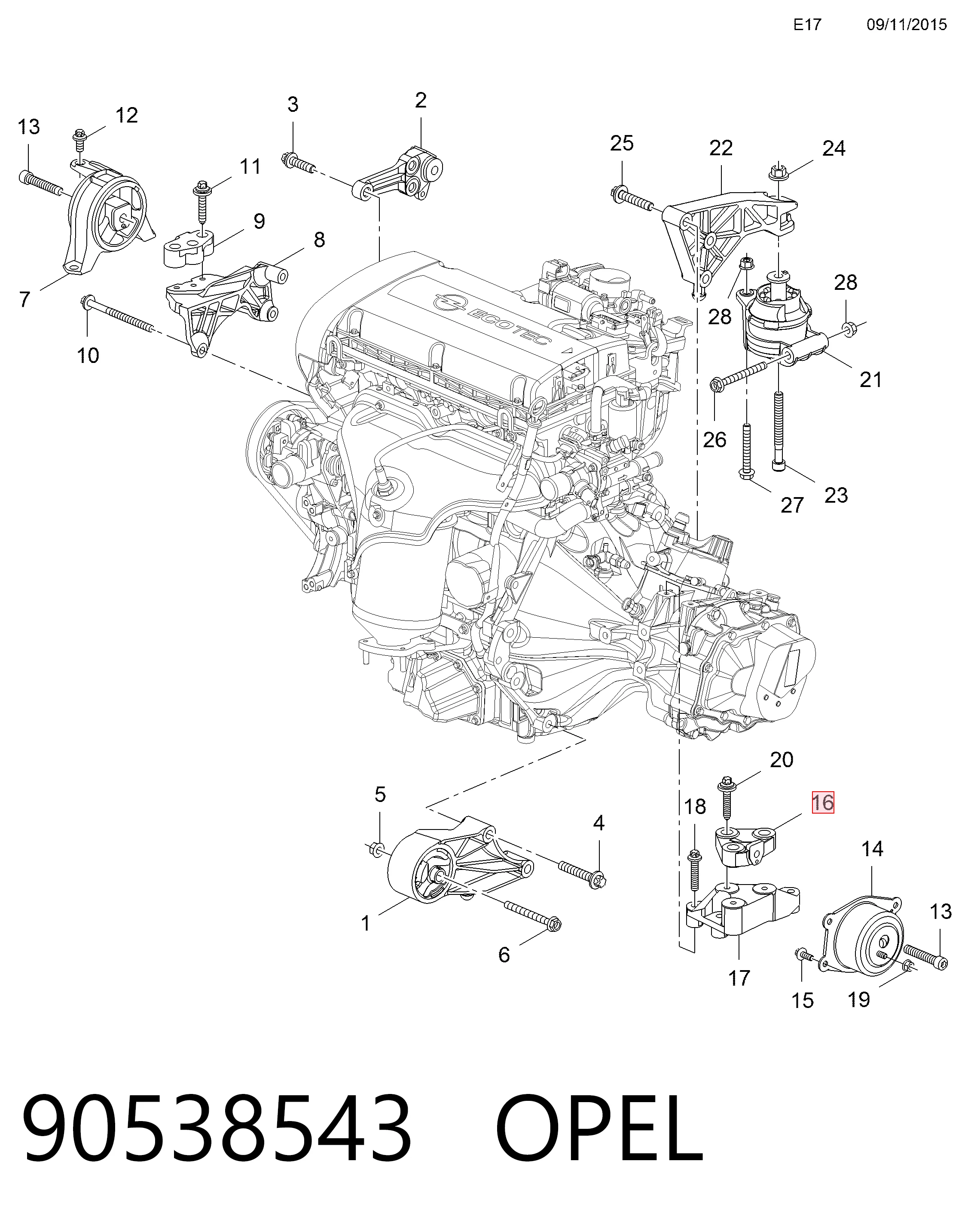 90538543 Peugeot/Citroen Кронштейн подушки (опоры) двигателя левой