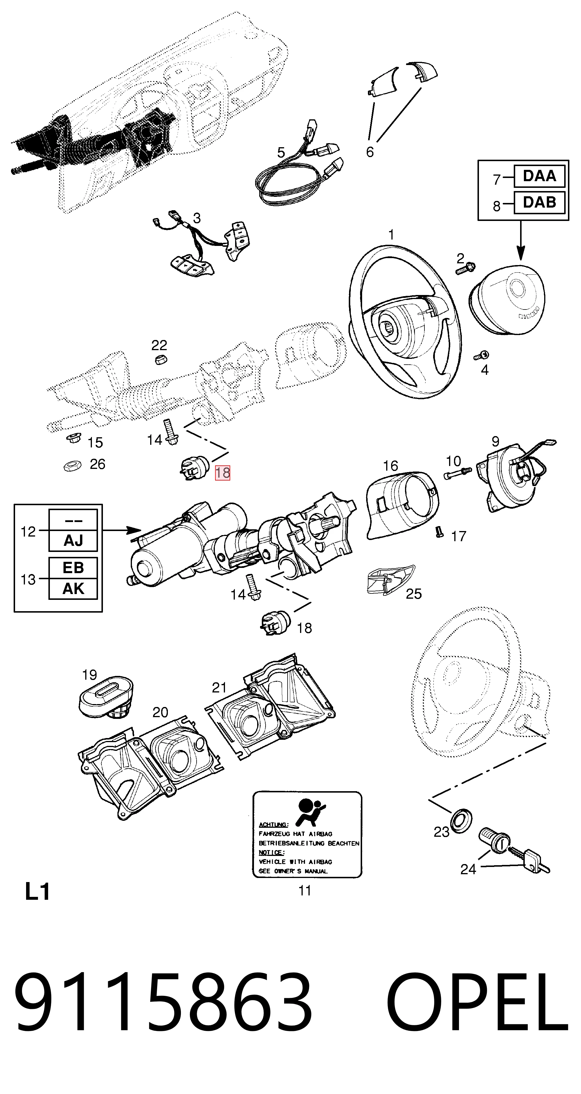 9115863 Opel Контакты замка зажигания