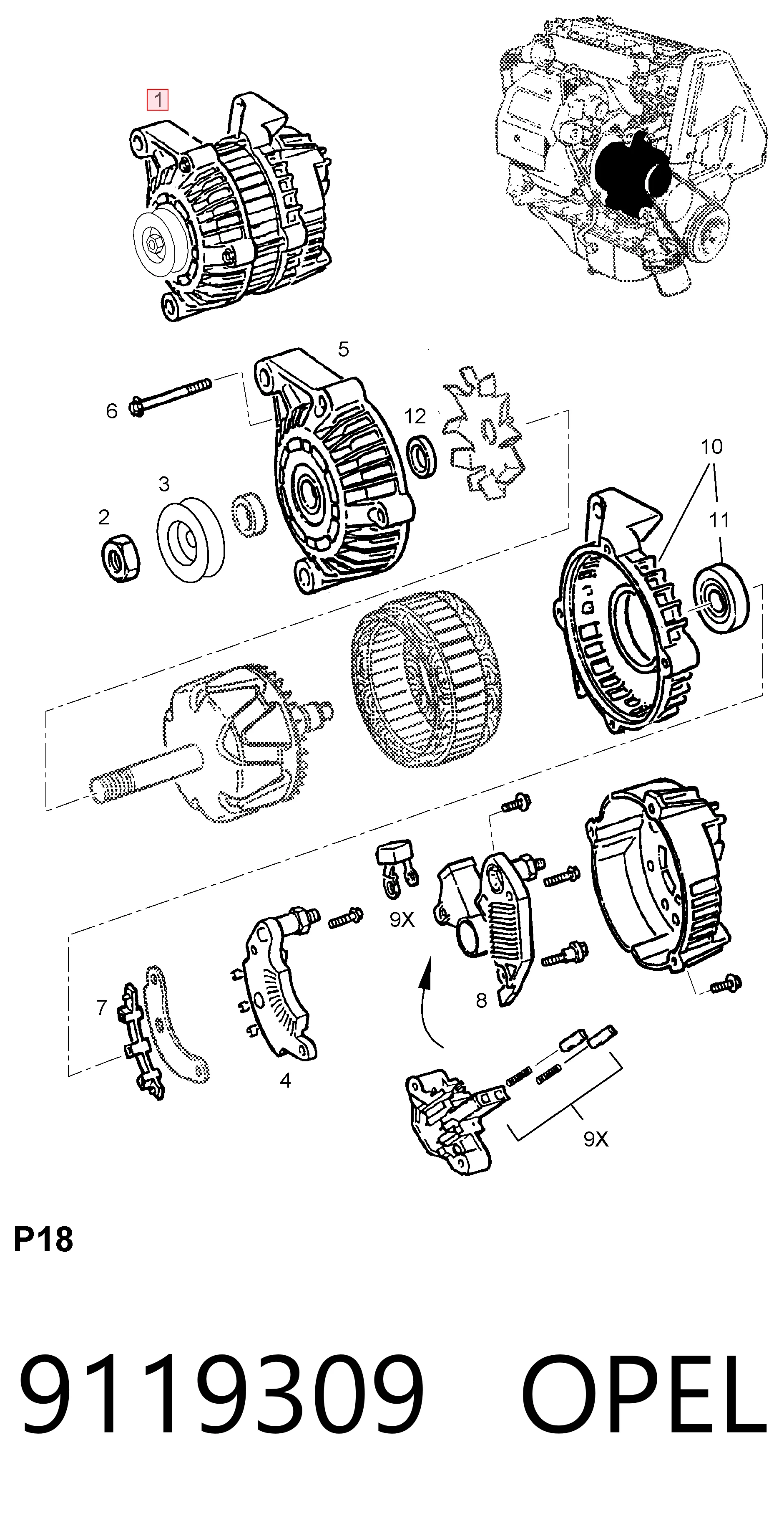 9119309 Opel Генератор автомобильный