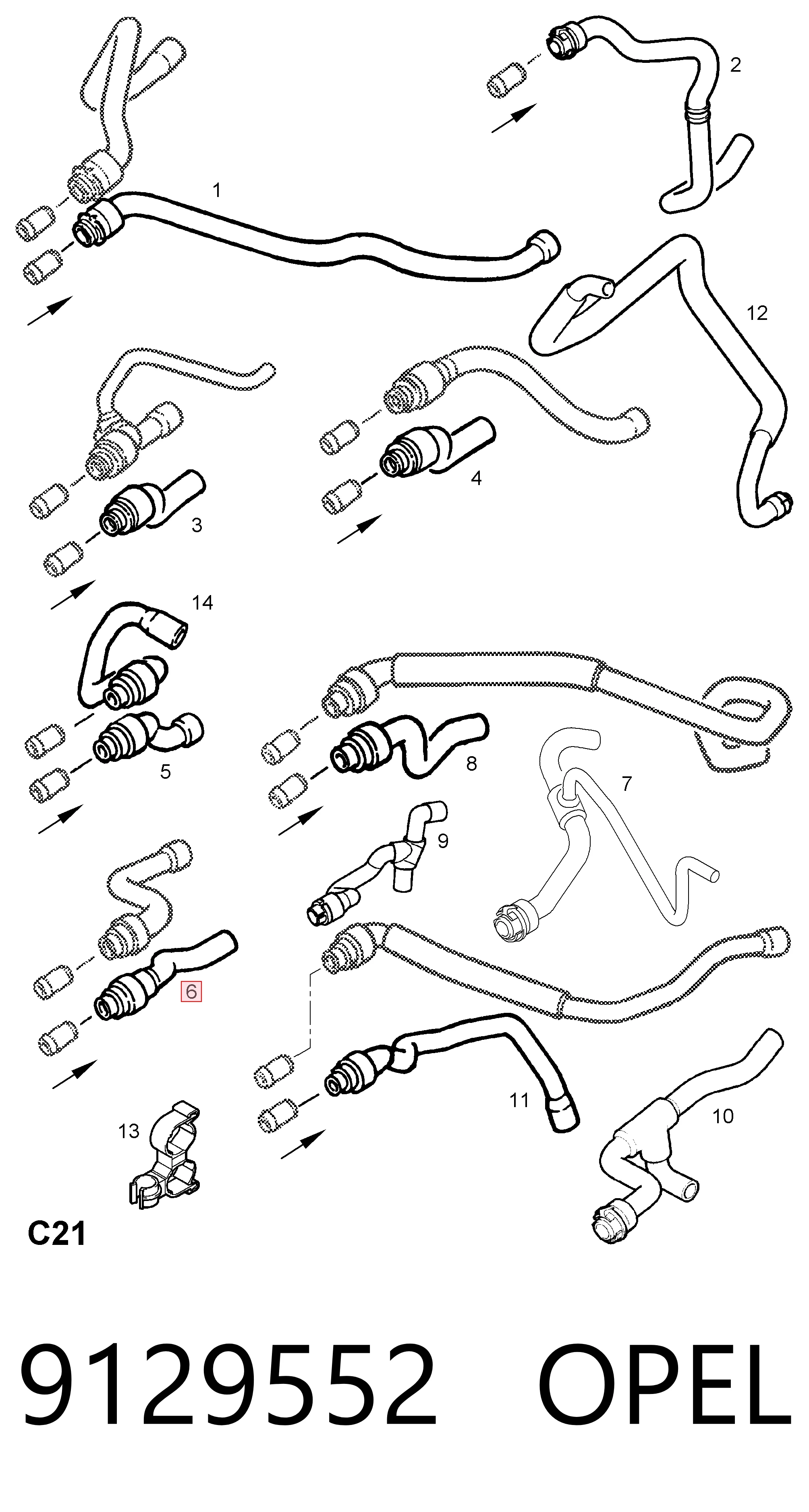 9129552 Opel Патрубок отопителя, обратка
