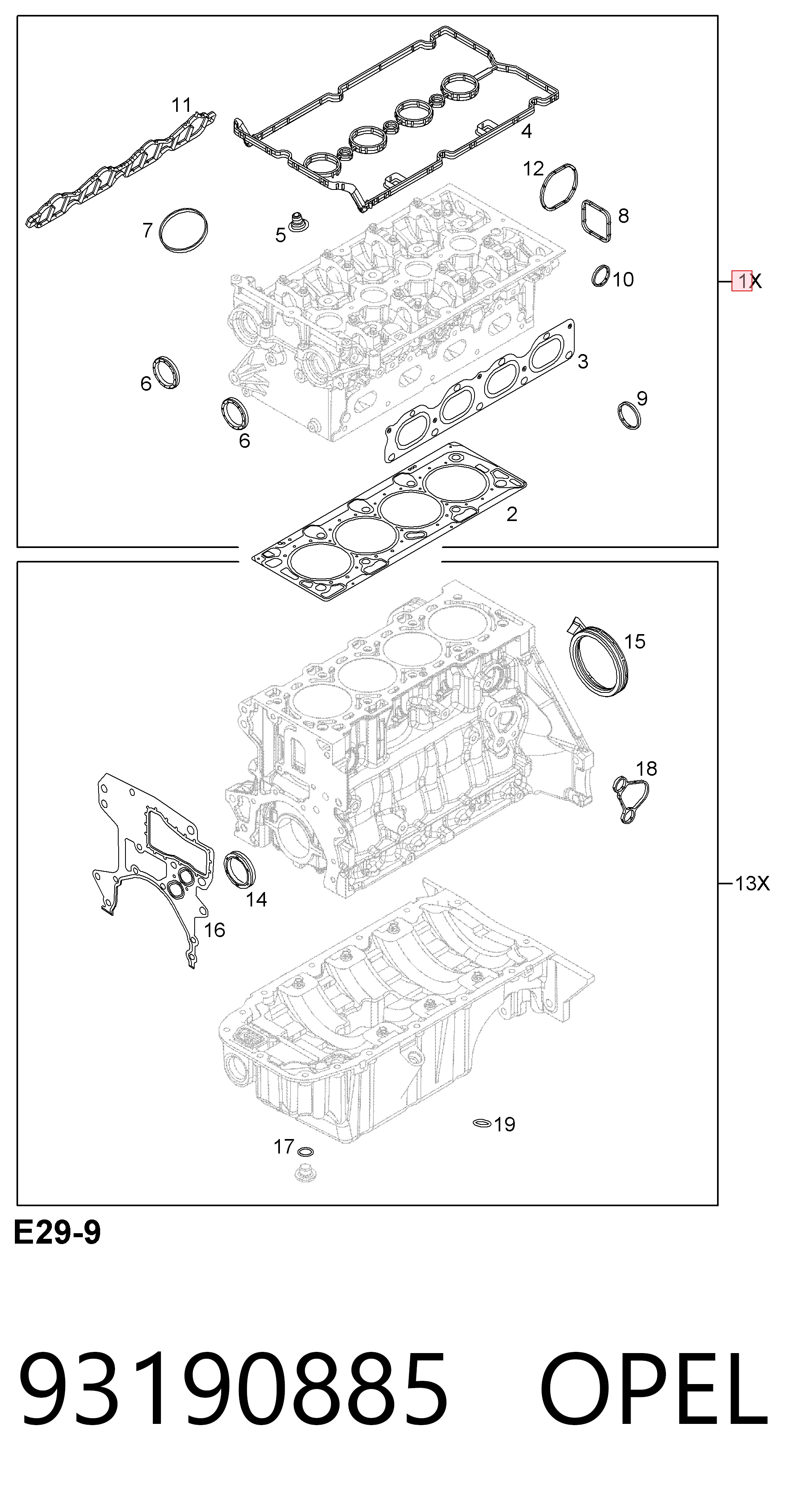 Комплект прокладок двигателя, верхний General Motors 93190885