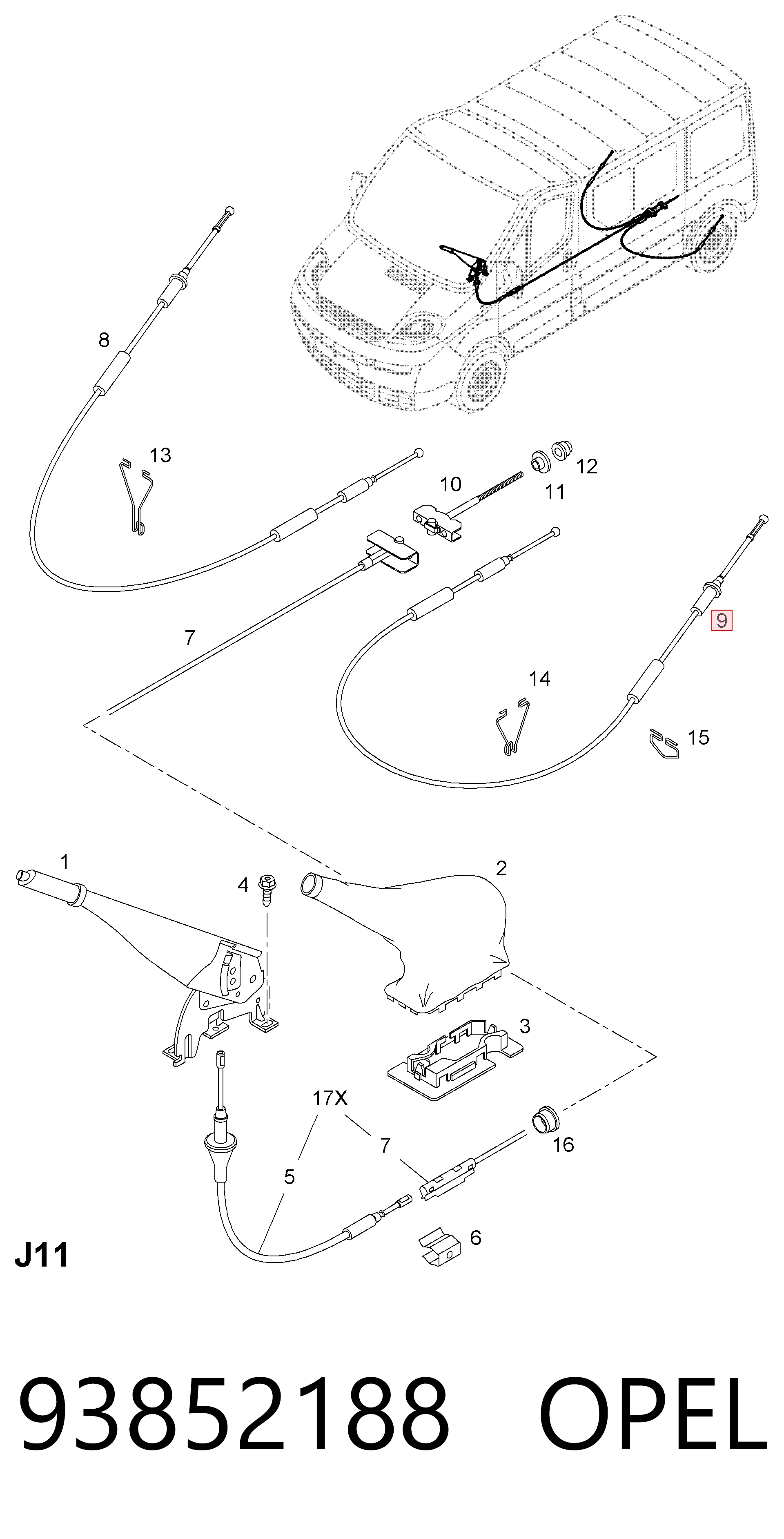 93852188 Opel Трос ручного тормоза