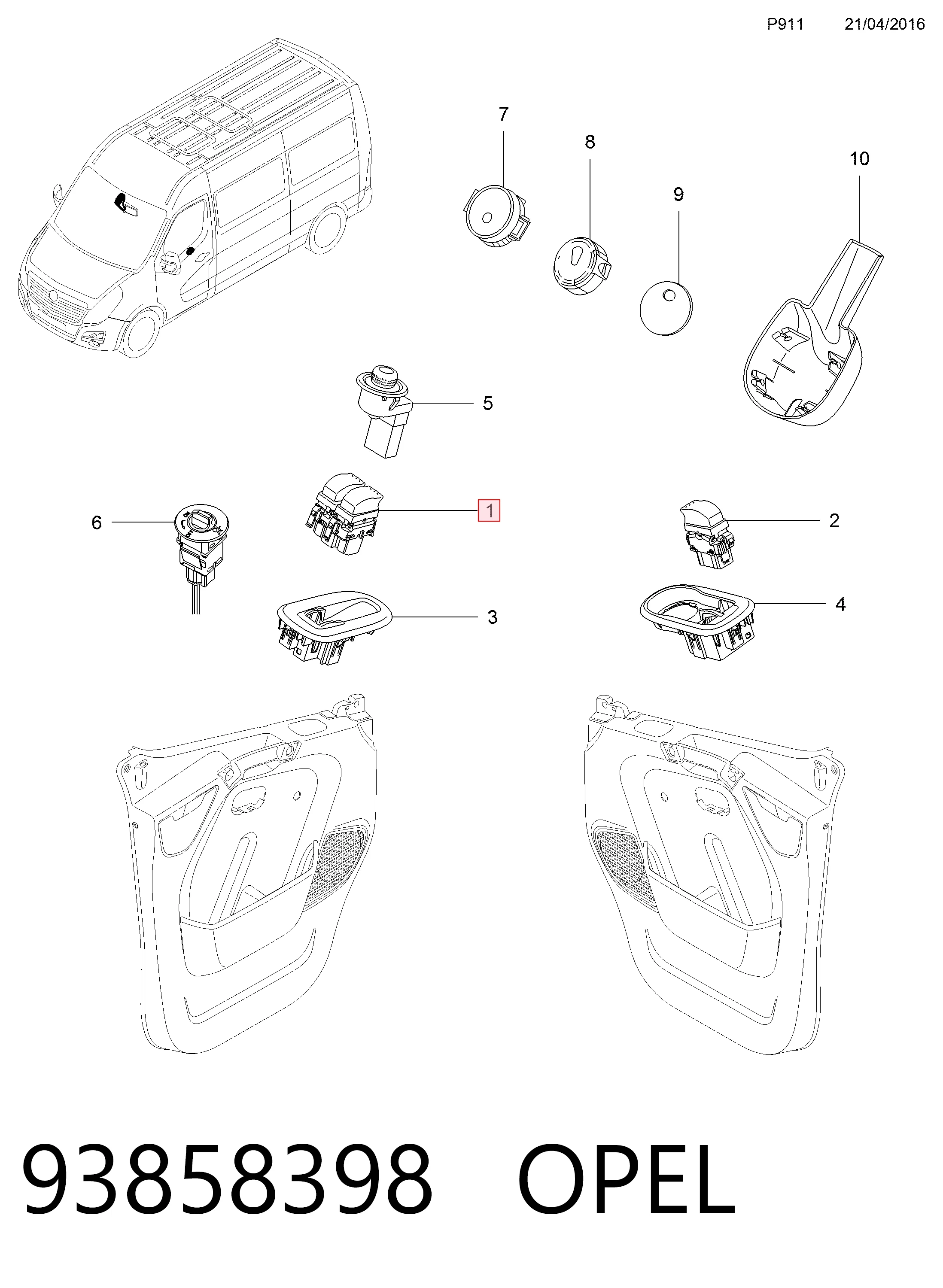 93858398 Opel Кнопки переднего левого стекло подъёмника