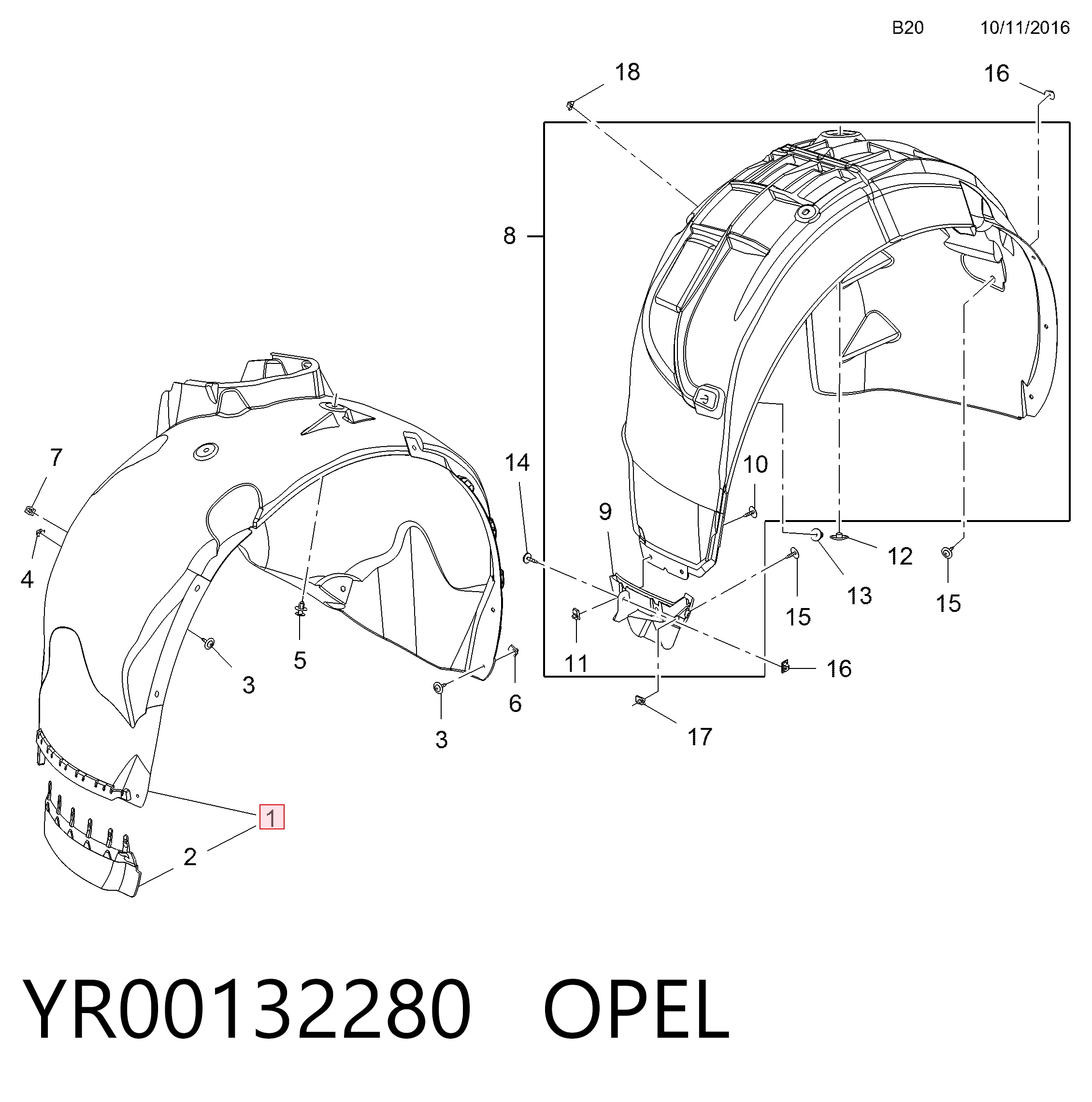 Купить YR00132280 Peugeot/Citroen Подкрылок передний левый