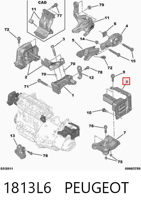 1813L6 Peugeot/Citroen Подушка (опора) двигателя, левая