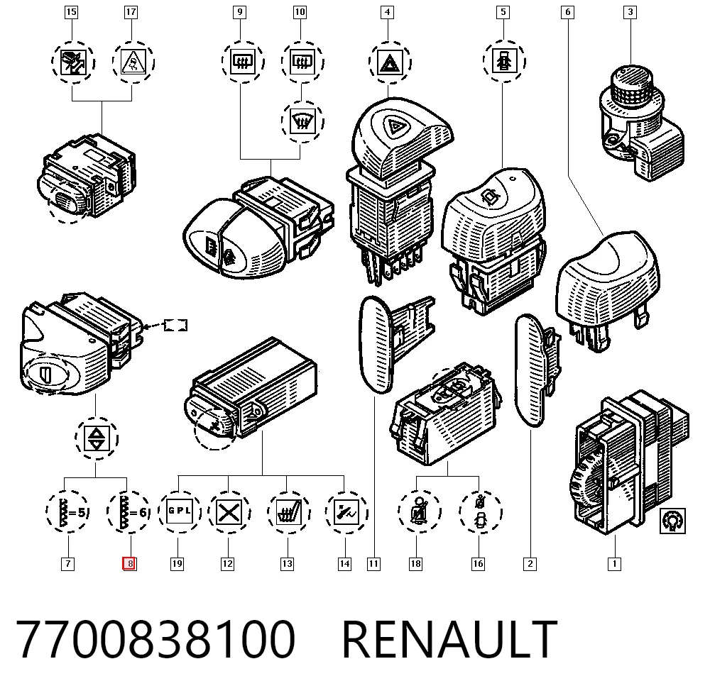 7700838100 Renault (RVI) Кнопки переднего правого стекло подъёмника