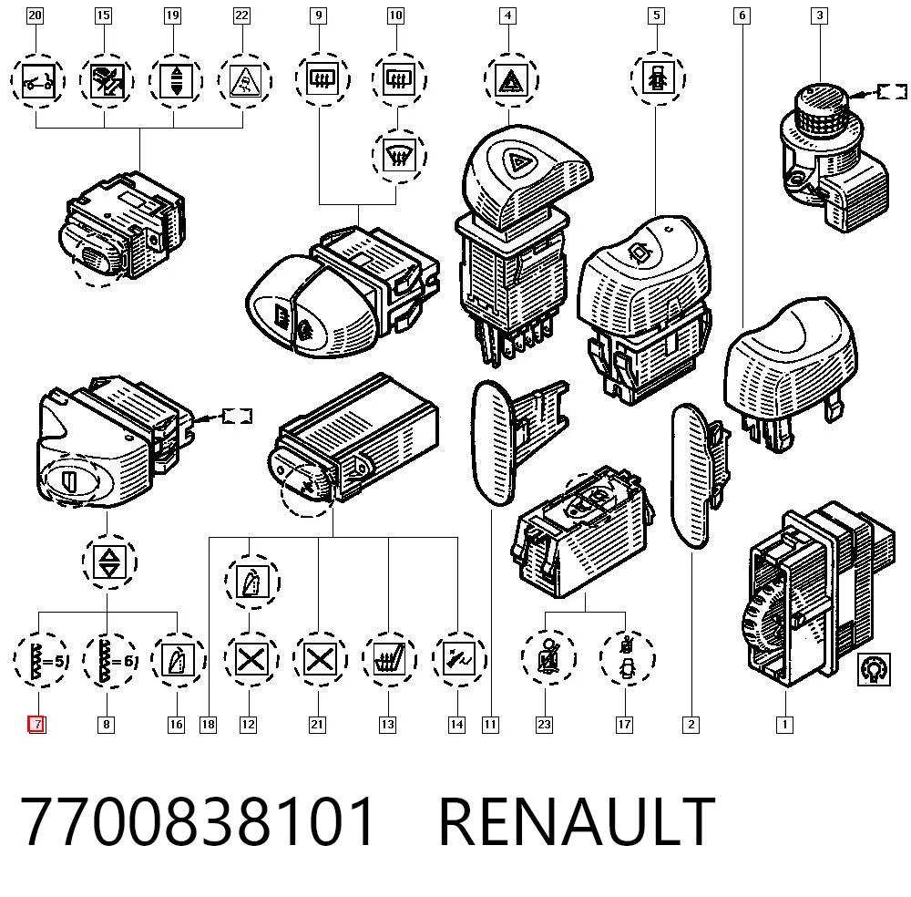 7700838101 Renault (RVI) Кнопка подъемника переднего правого стекла